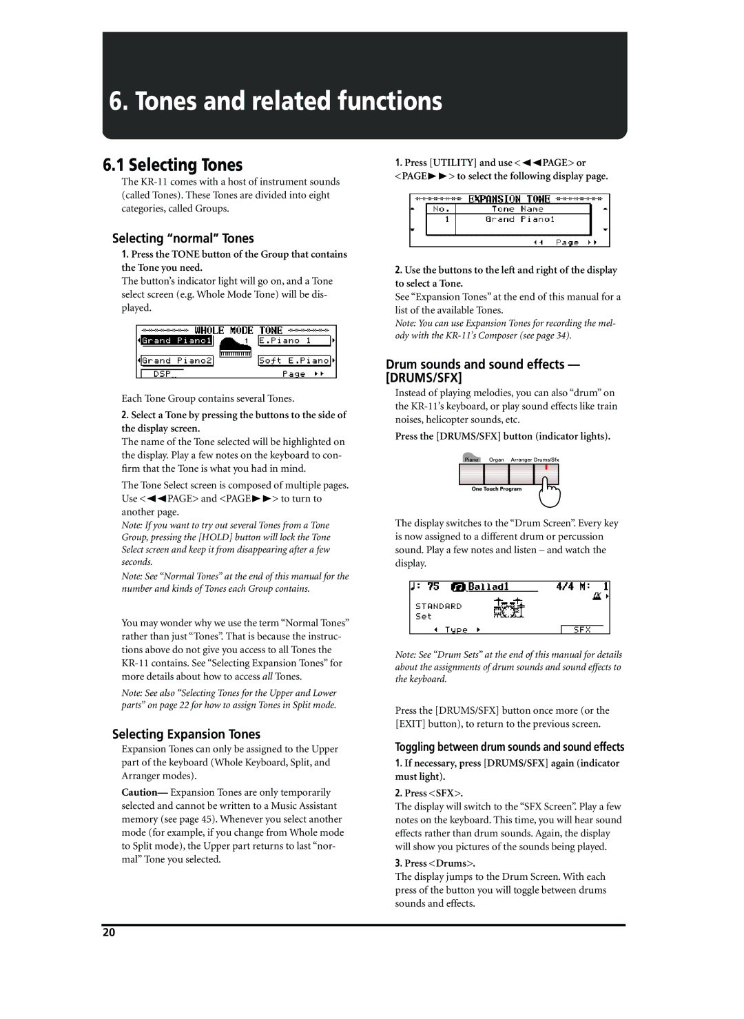 Roland KR-11 owner manual Tones and related functions, Selecting Tones, Selecting normal Tones, Selecting Expansion Tones 