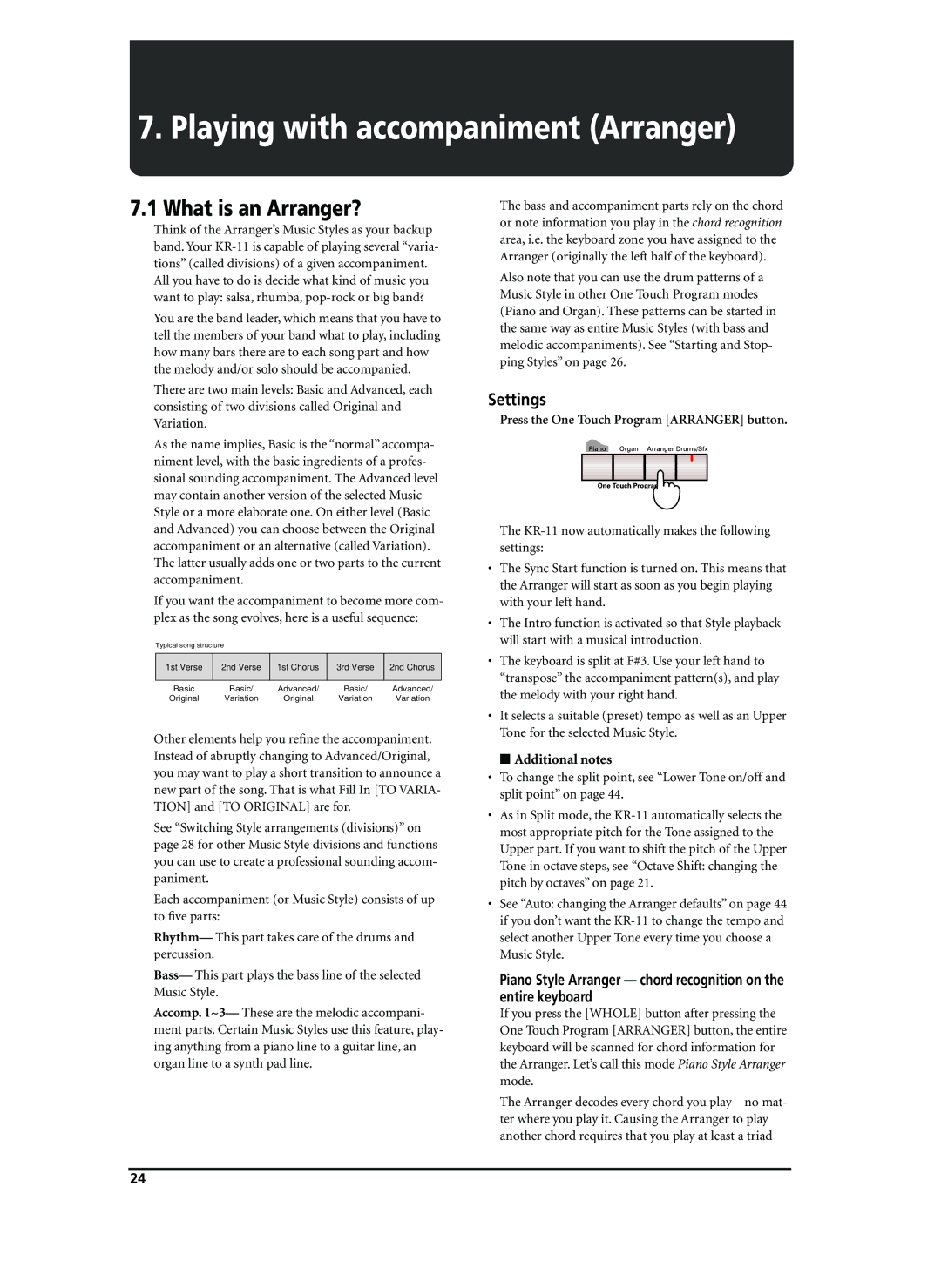 Roland KR-11 owner manual Playing with accompaniment Arranger, What is an Arranger?, Settings, Additional notes 