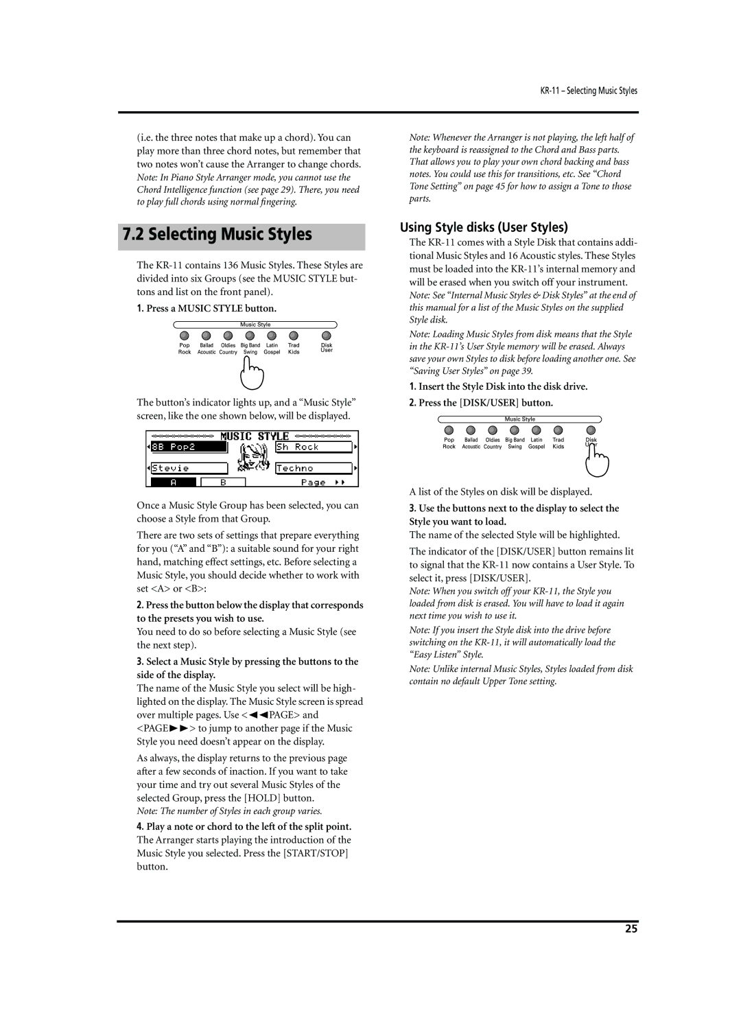 Roland KR-11 owner manual Selecting Music Styles, Using Style disks User Styles, Press a Music Style button 