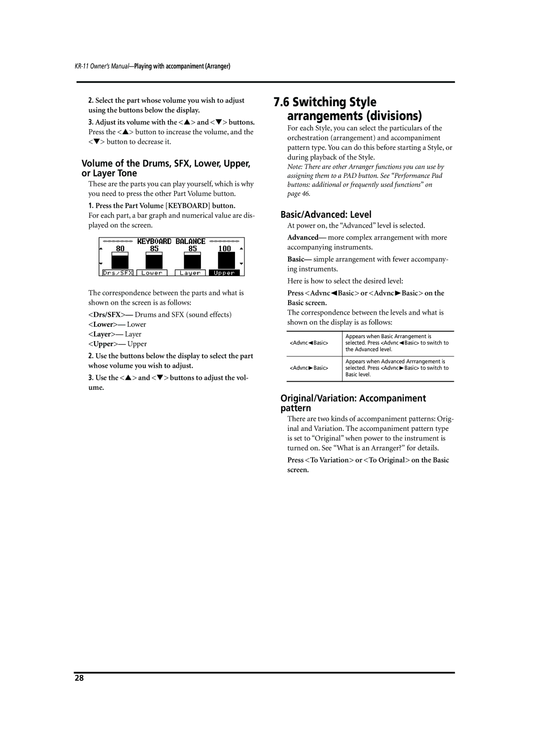 Roland KR-11 owner manual Volume of the Drums, SFX, Lower, Upper, or Layer Tone, Basic/Advanced Level 