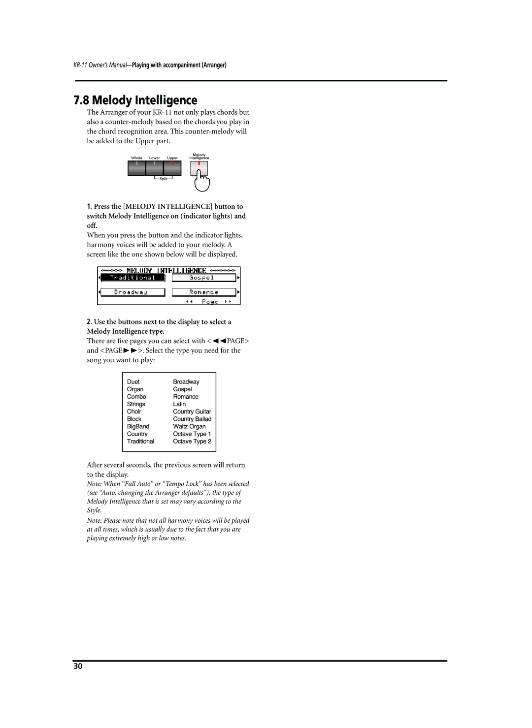 Roland KR-11 owner manual Melody Intelligence 