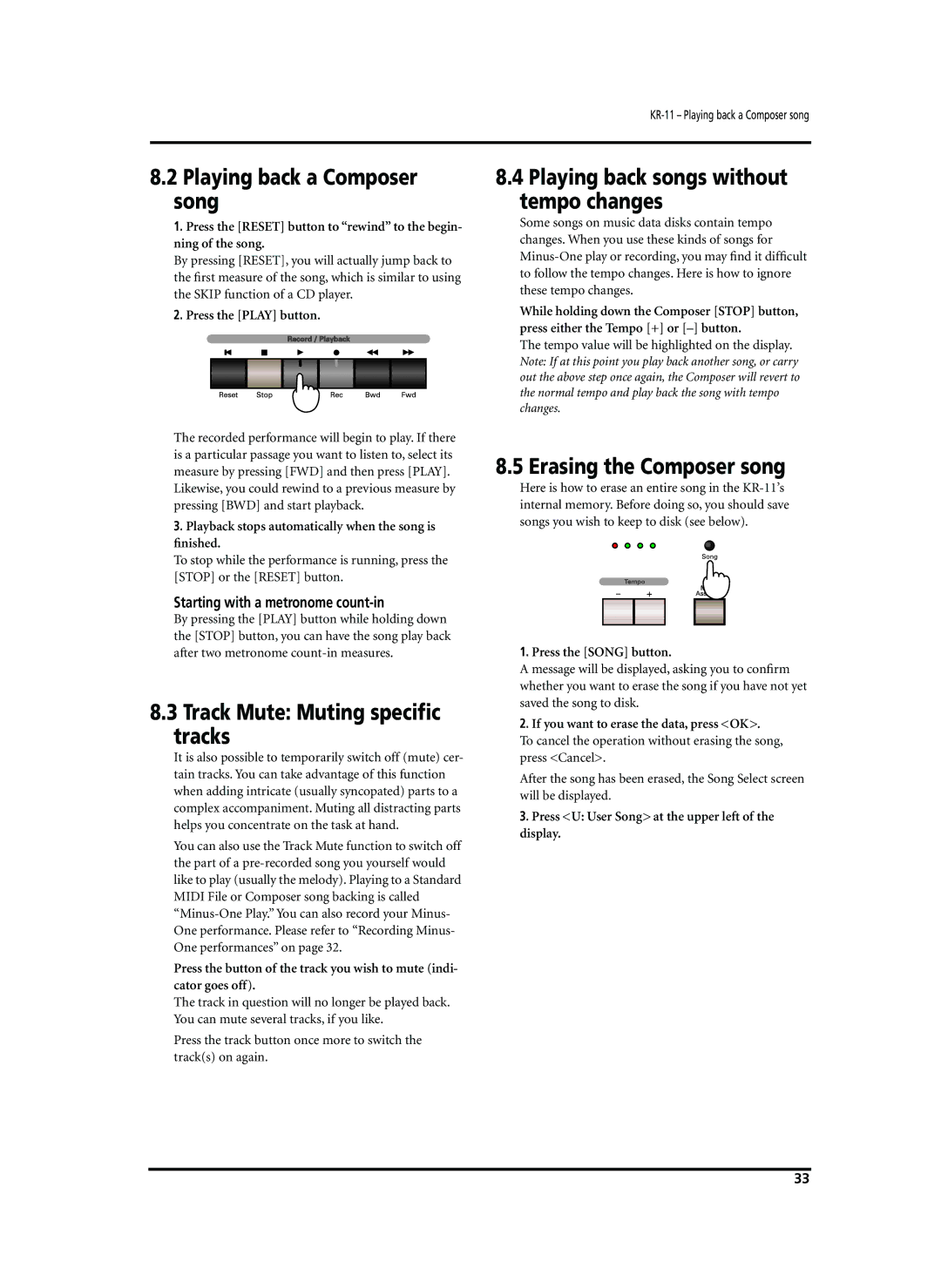 Roland KR-11 Playing back a Composer song, Track Mute Muting speciﬁc tracks, Playing back songs without tempo changes 