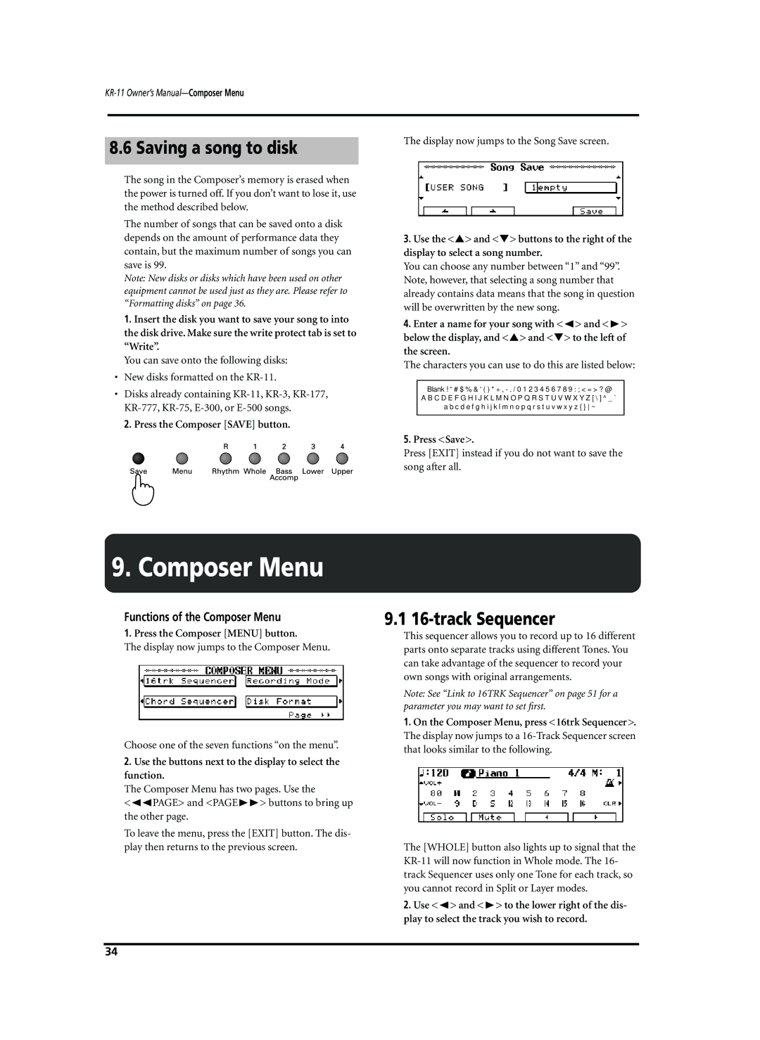 Roland KR-11 owner manual Saving a song to disk, track Sequencer, Functions of the Composer Menu 