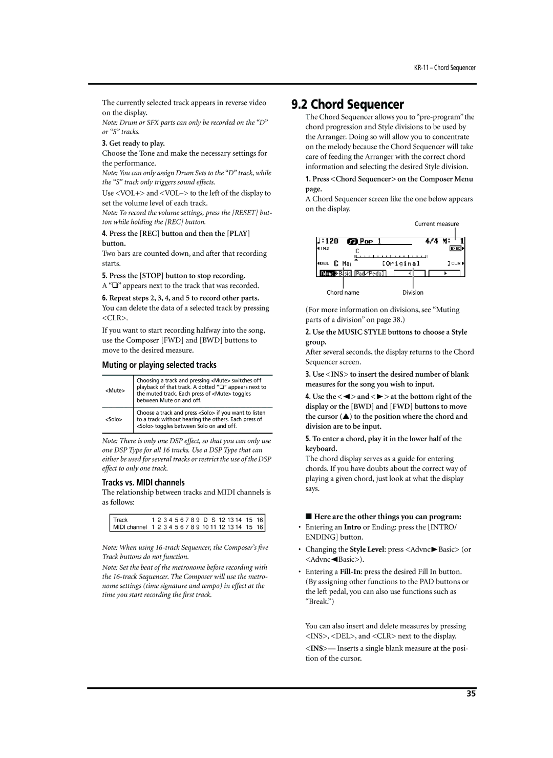 Roland KR-11 owner manual Chord Sequencer, Muting or playing selected tracks, Tracks vs. Midi channels 