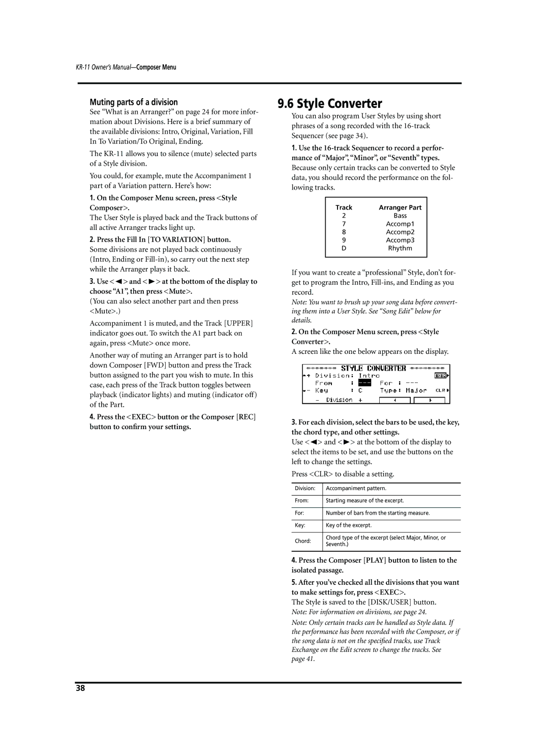 Roland KR-11 owner manual Style Converter, Muting parts of a division, Press the Fill In to Variation button 