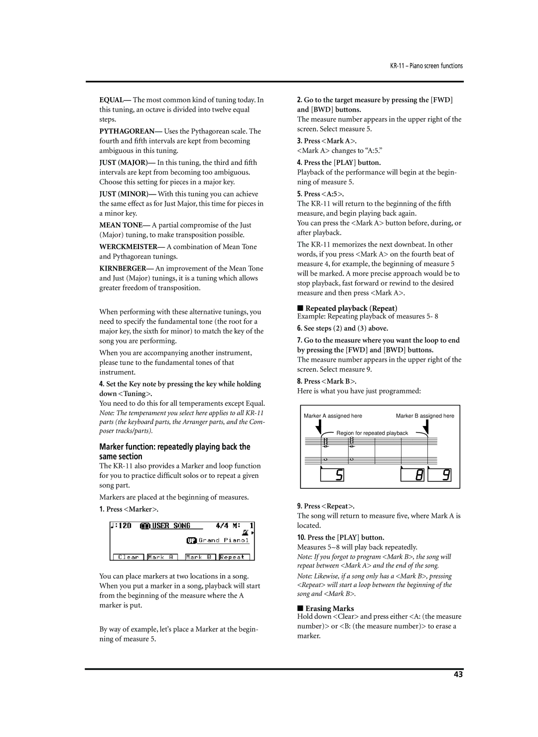 Roland KR-11 owner manual Marker function repeatedly playing back the same section 