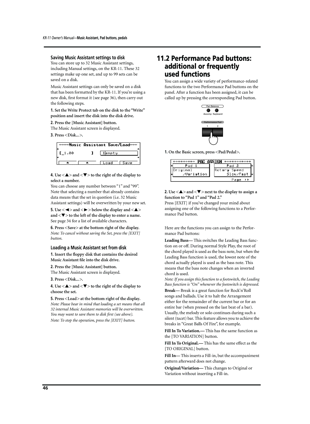 Roland KR-11 owner manual Saving Music Assistant settings to disk, Loading a Music Assistant set from disk 