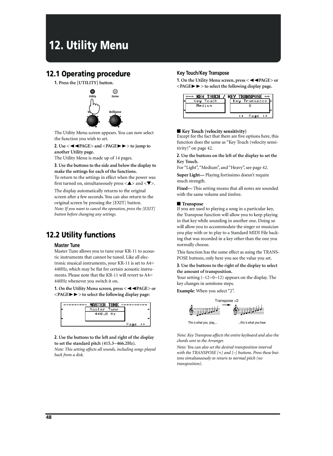 Roland KR-11 owner manual Utility Menu, Operating procedure, Utility functions, Master Tune, Key Touch/Key Transpose 