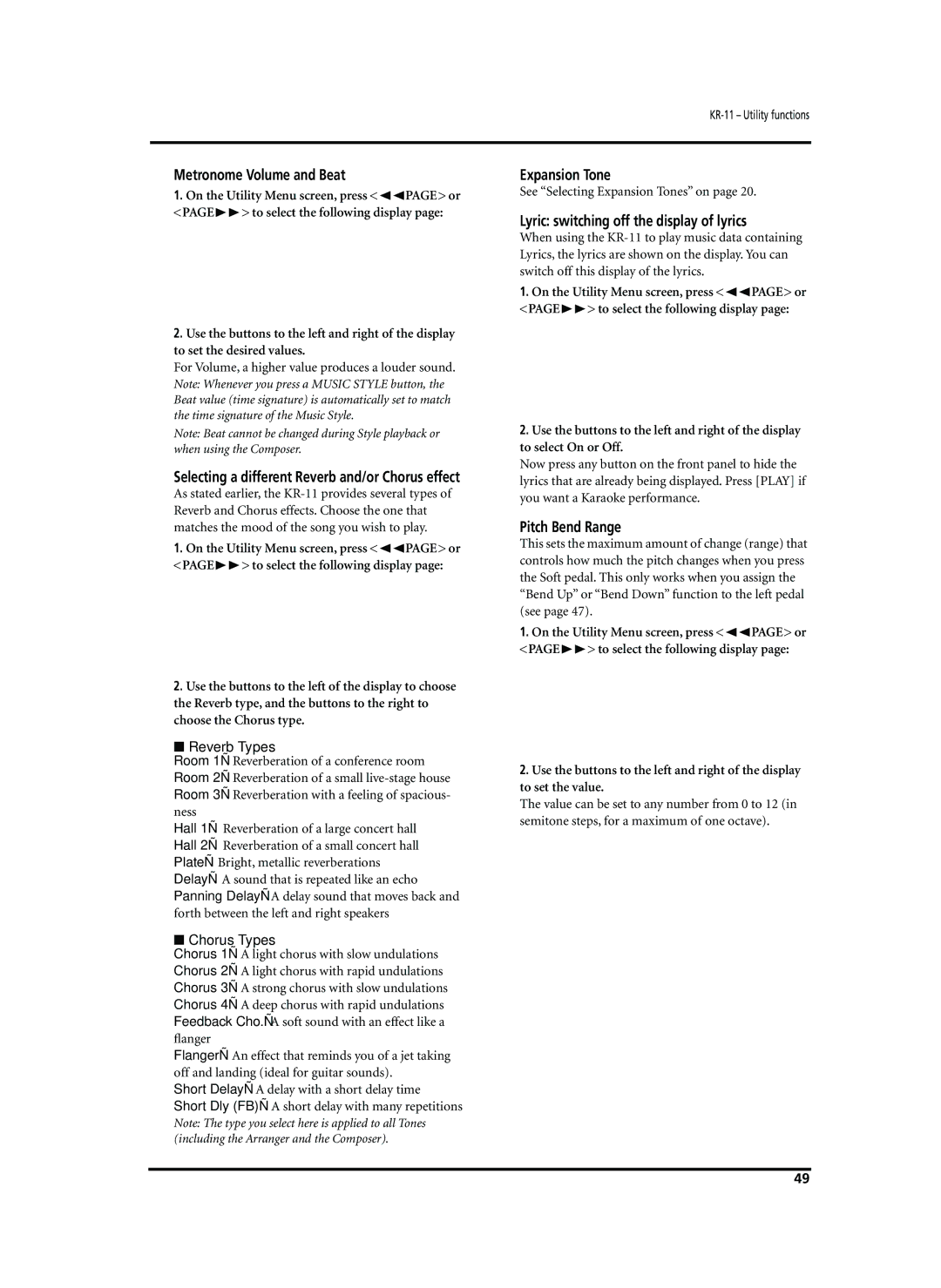 Roland KR-11 owner manual Expansion Tone, Lyric switching off the display of lyrics, Pitch Bend Range, Chorus Types 