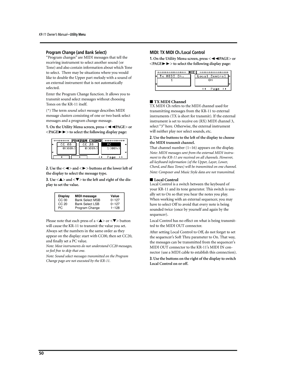 Roland KR-11 owner manual Program Change and Bank Select, Midi TX Midi Ch./Local Control 