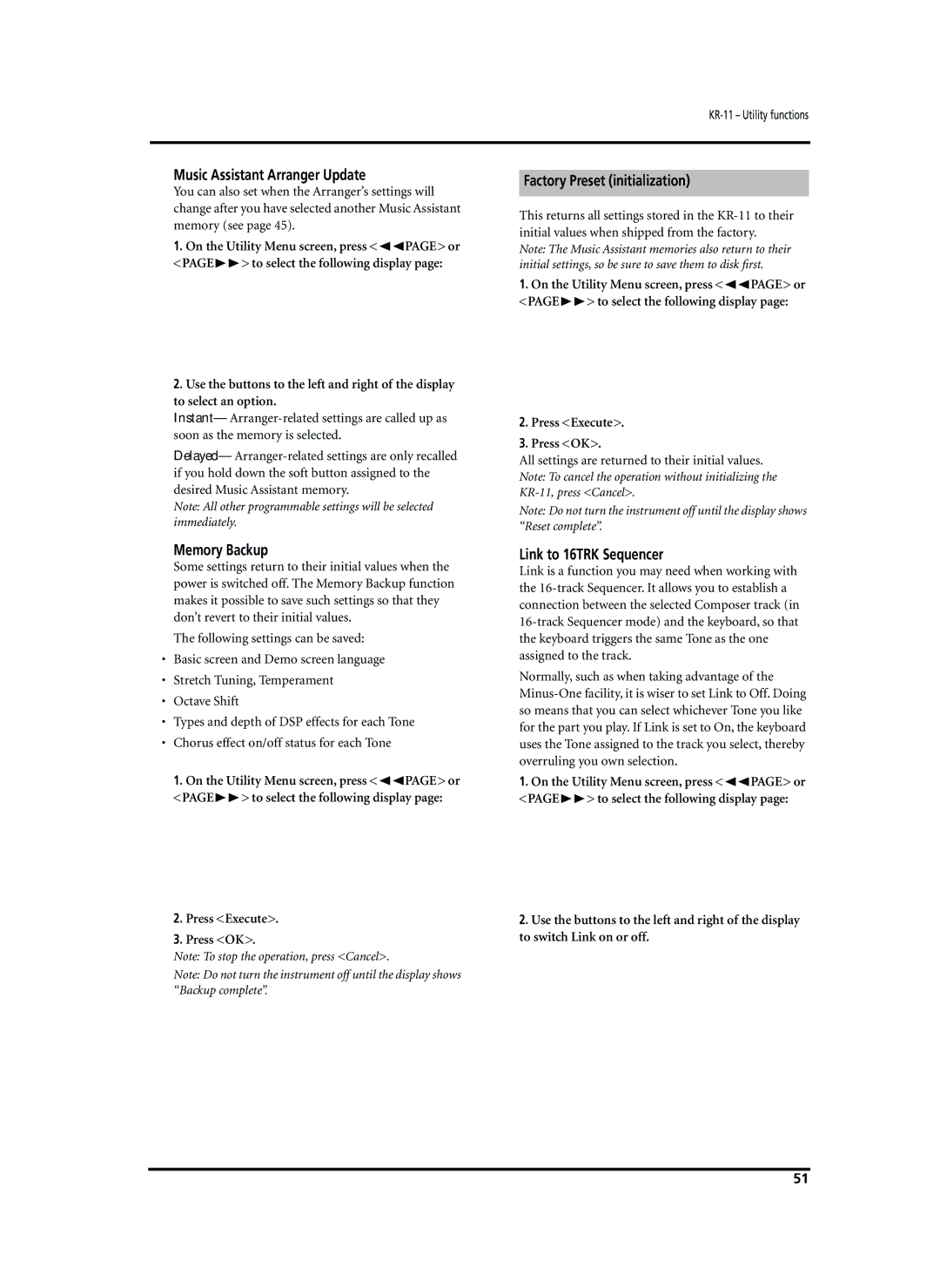 Roland KR-11 Music Assistant Arranger Update, Memory Backup, Factory Preset initialization, Link to 16TRK Sequencer 