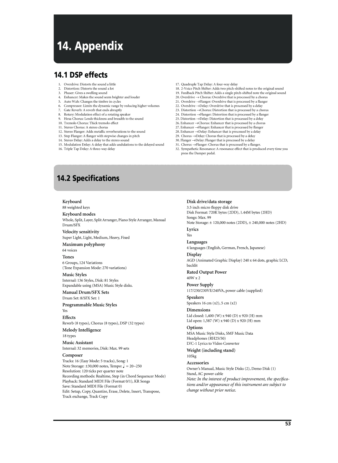 Roland KR-11 owner manual Appendix, DSP effects, Speciﬁcations 