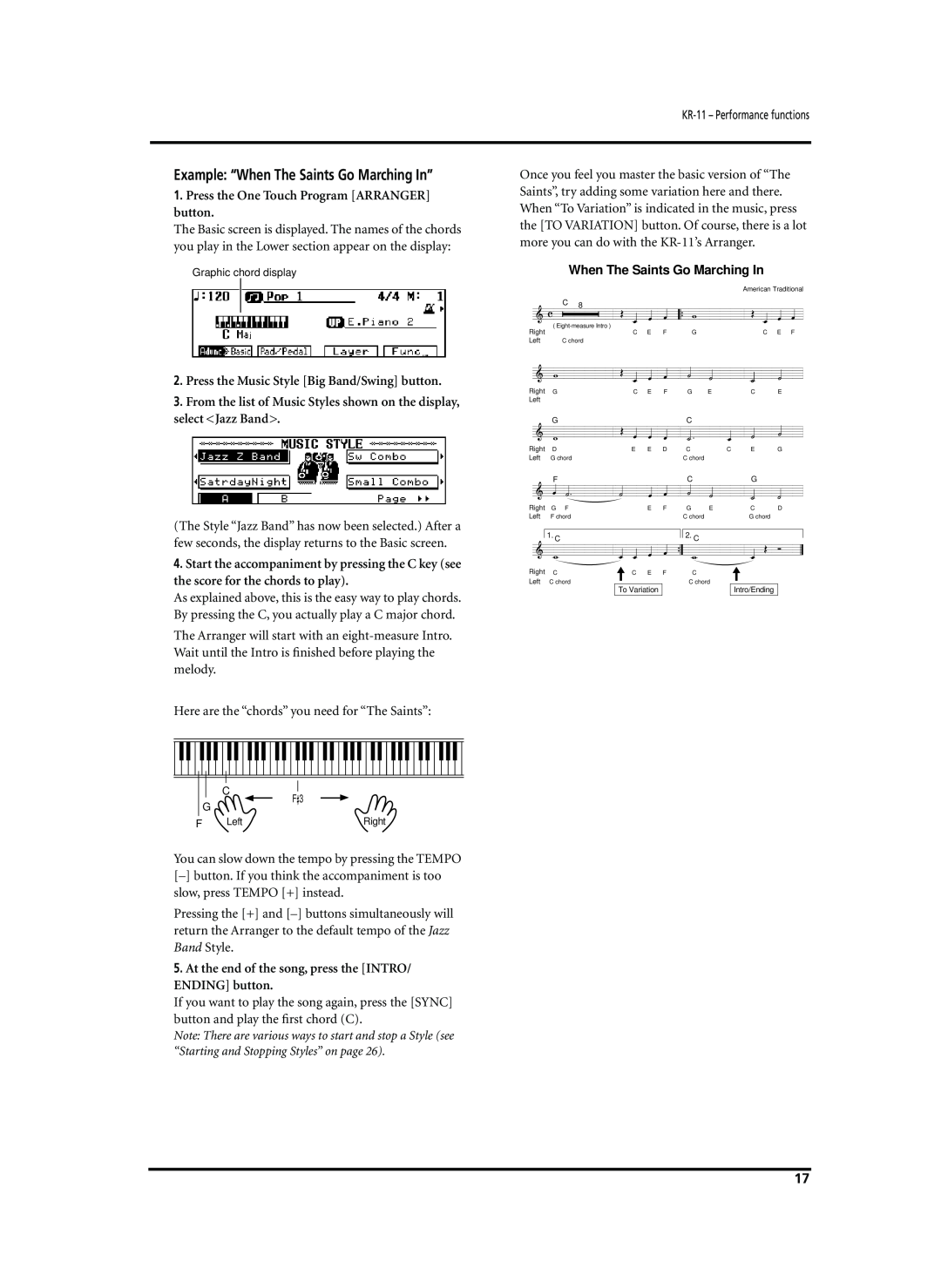 Roland KR-11 owner manual Example “When The Saints Go Marching In”, Press the One Touch Program ARRANGER button 