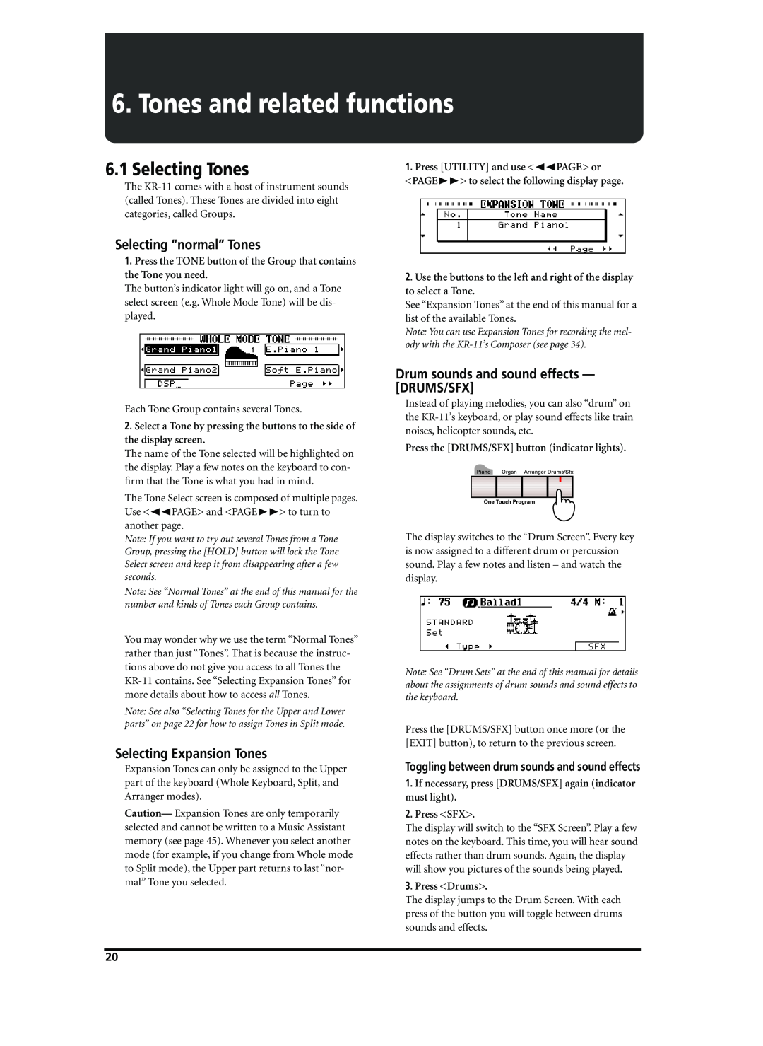 Roland KR-11 owner manual Tones and related functions, Selecting Tones, Selecting “normal” Tones, Selecting Expansion Tones 
