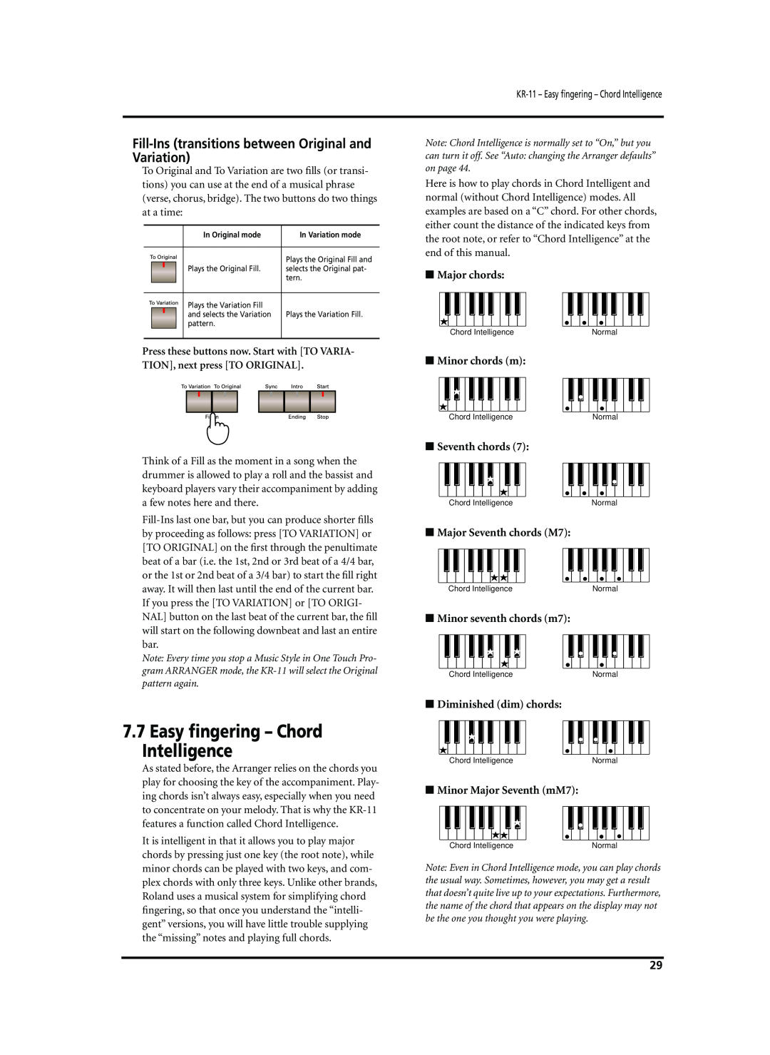 Roland KR-11 owner manual Easy ﬁngering - Chord Intelligence, Fill-Ins transitions between Original and Variation 