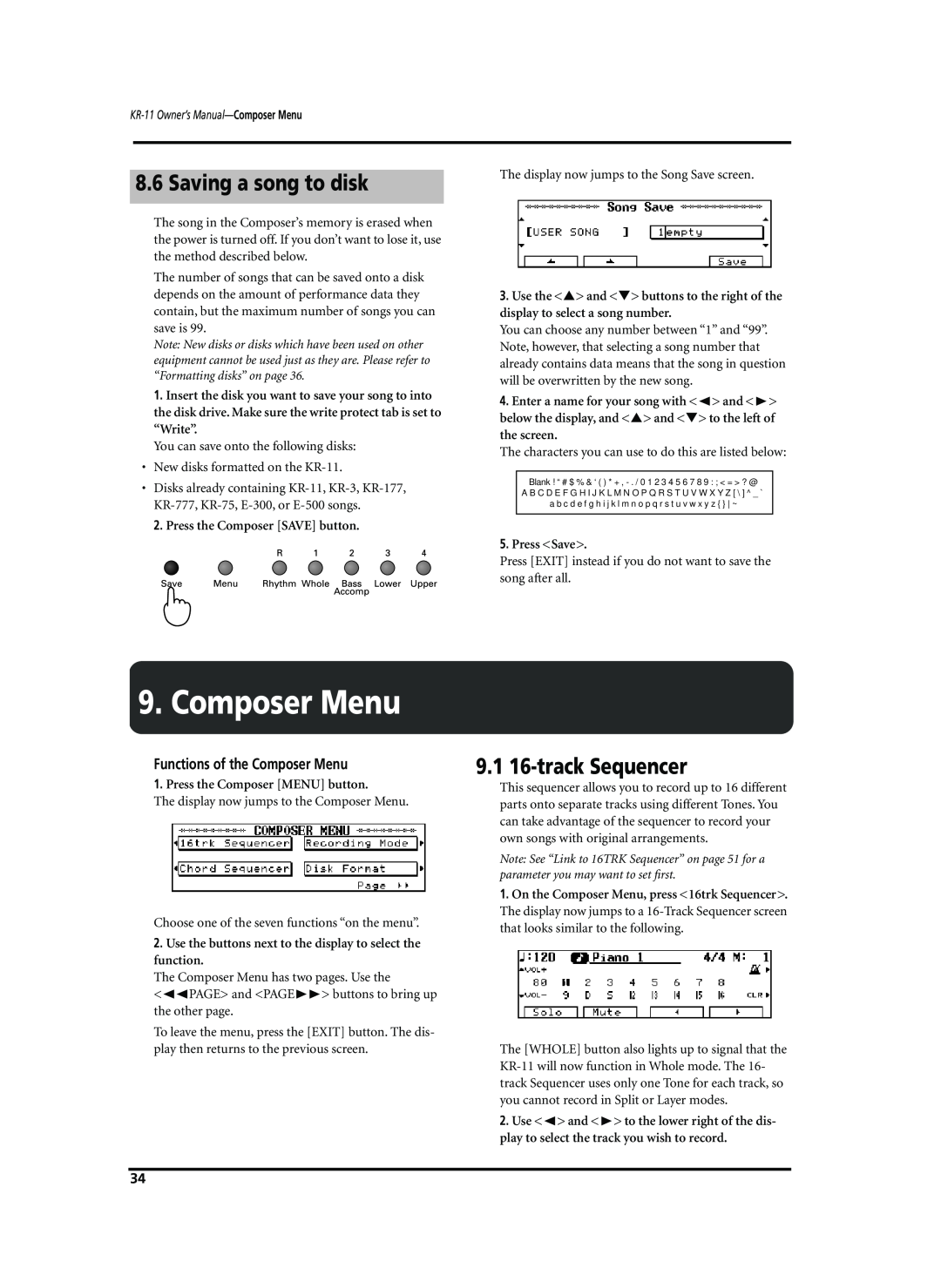 Roland KR-11 owner manual Saving a song to disk, 9.1 16-track Sequencer, Functions of the Composer Menu 