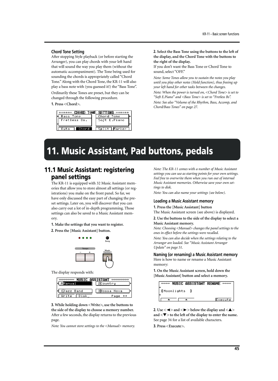 Roland KR-11 Music Assistant, Pad buttons, pedals, Music Assistant registering panel settings, Chord Tone Setting 