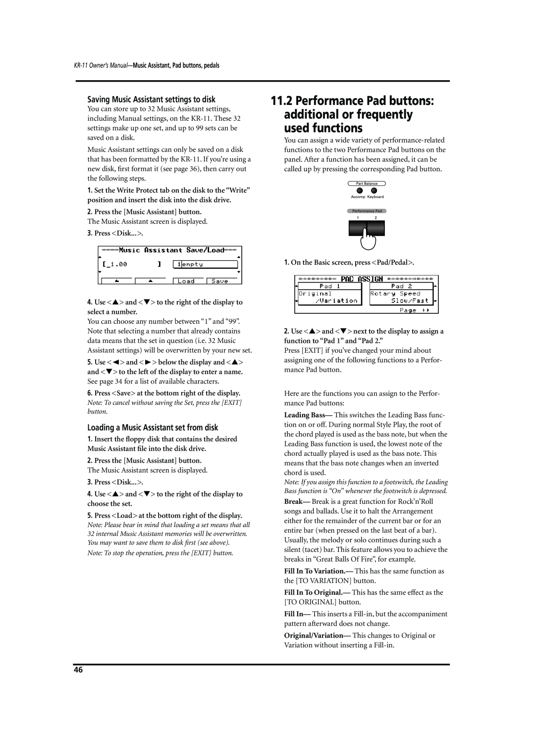 Roland KR-11 owner manual Saving Music Assistant settings to disk, Loading a Music Assistant set from disk 