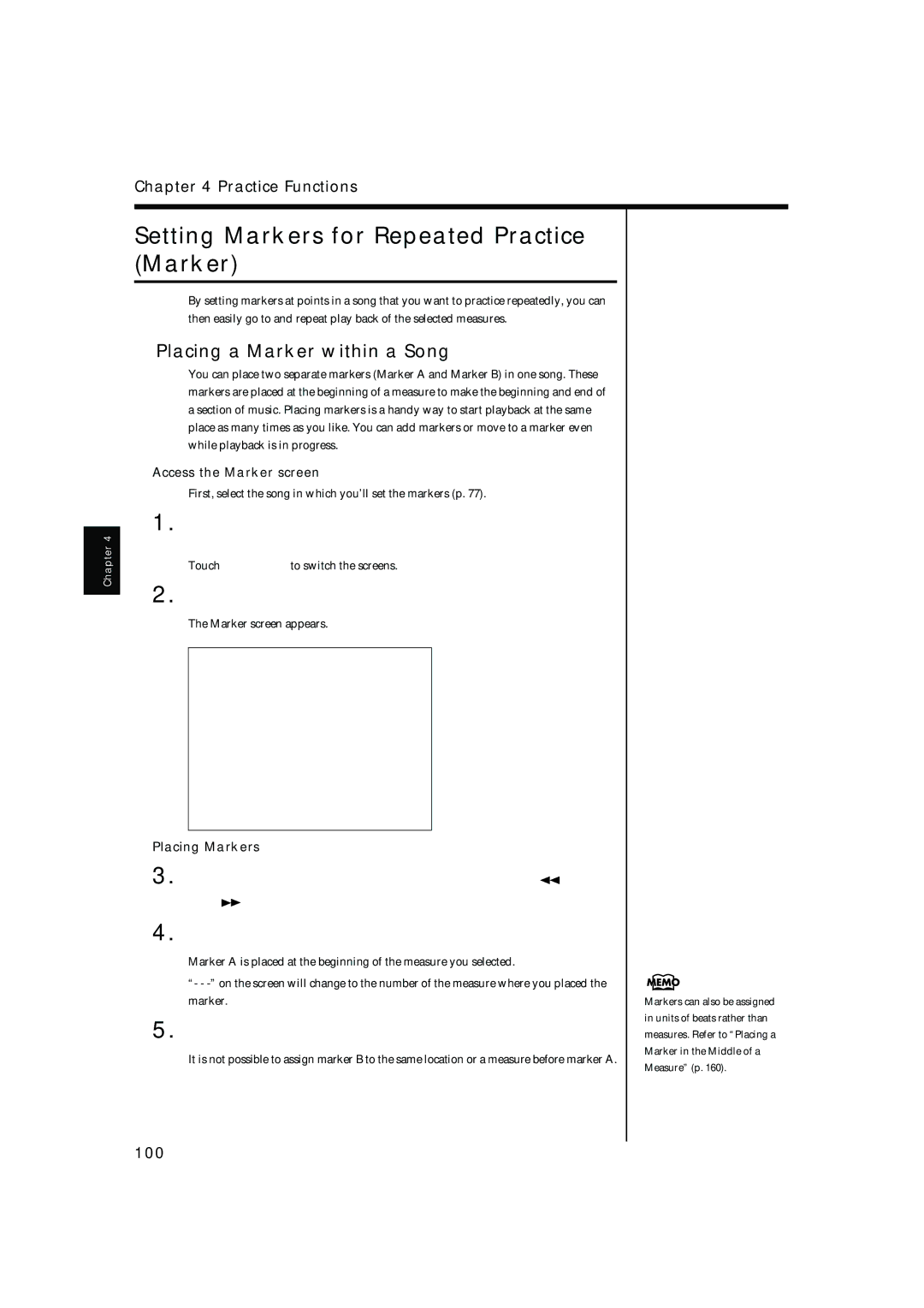 Roland KR-17 Setting Markers for Repeated Practice Marker, Placing a Marker within a Song, 100, Access the Marker screen 