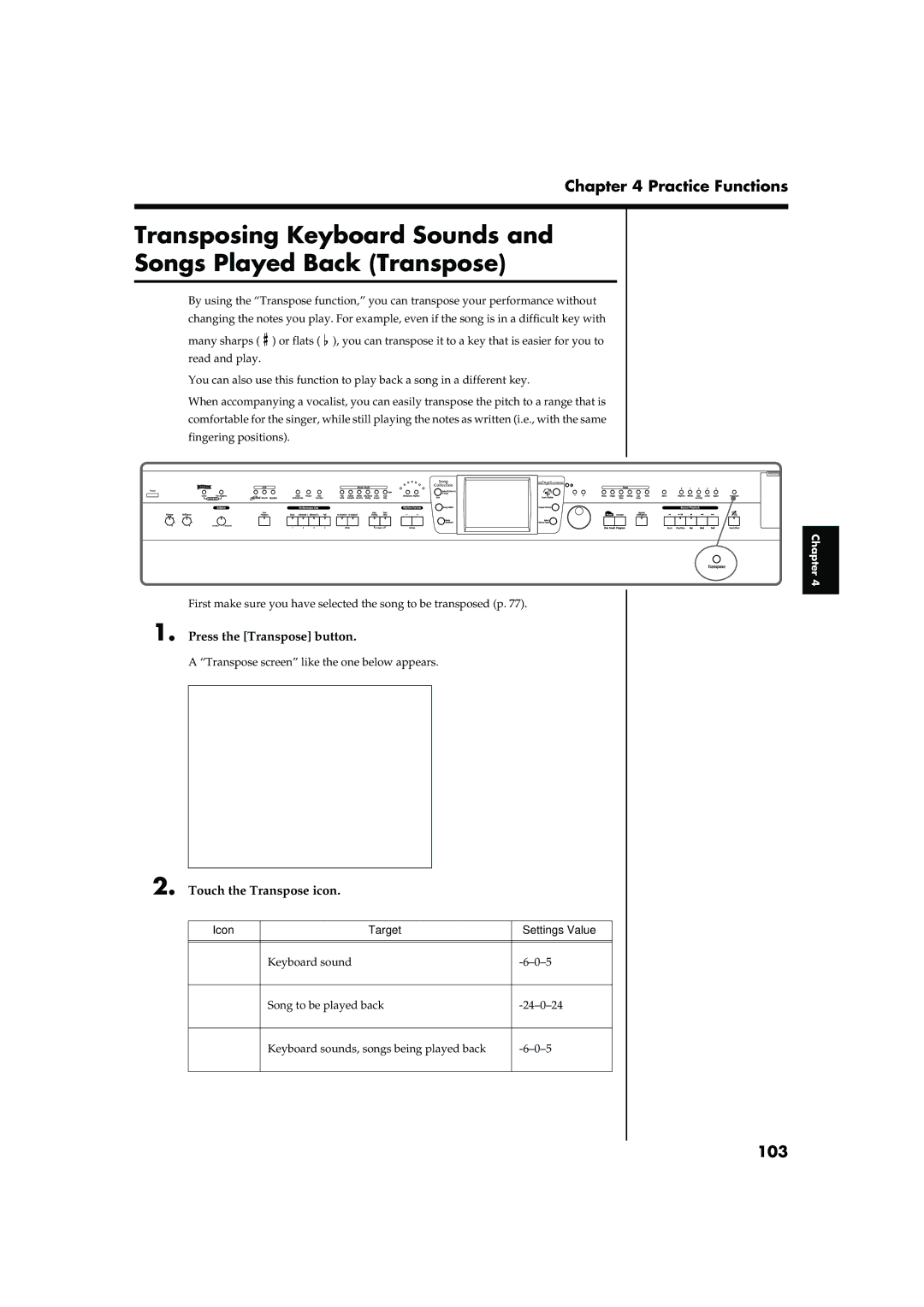 Roland KR-15, KR-17 owner manual Transposing Keyboard Sounds Songs Played Back Transpose, 103, Press the Transpose button 