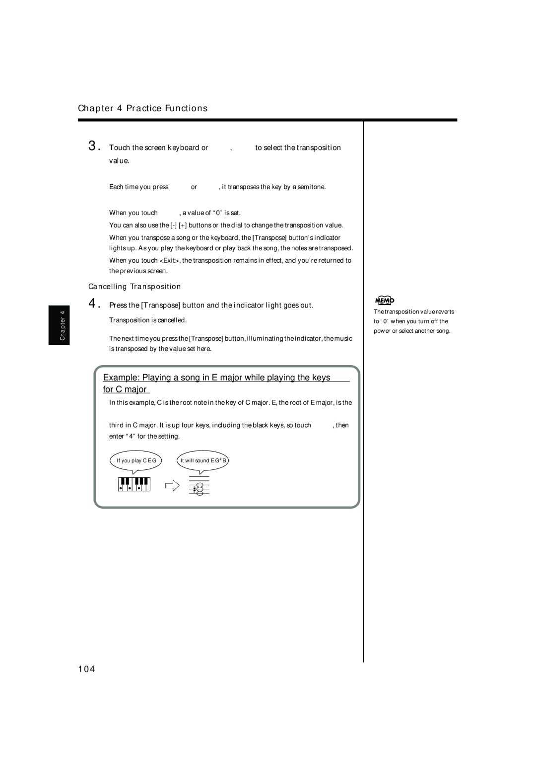 Roland KR-17, KR-15 owner manual 104, Cancelling Transposition, Press the Transpose button and the indicator light goes out 