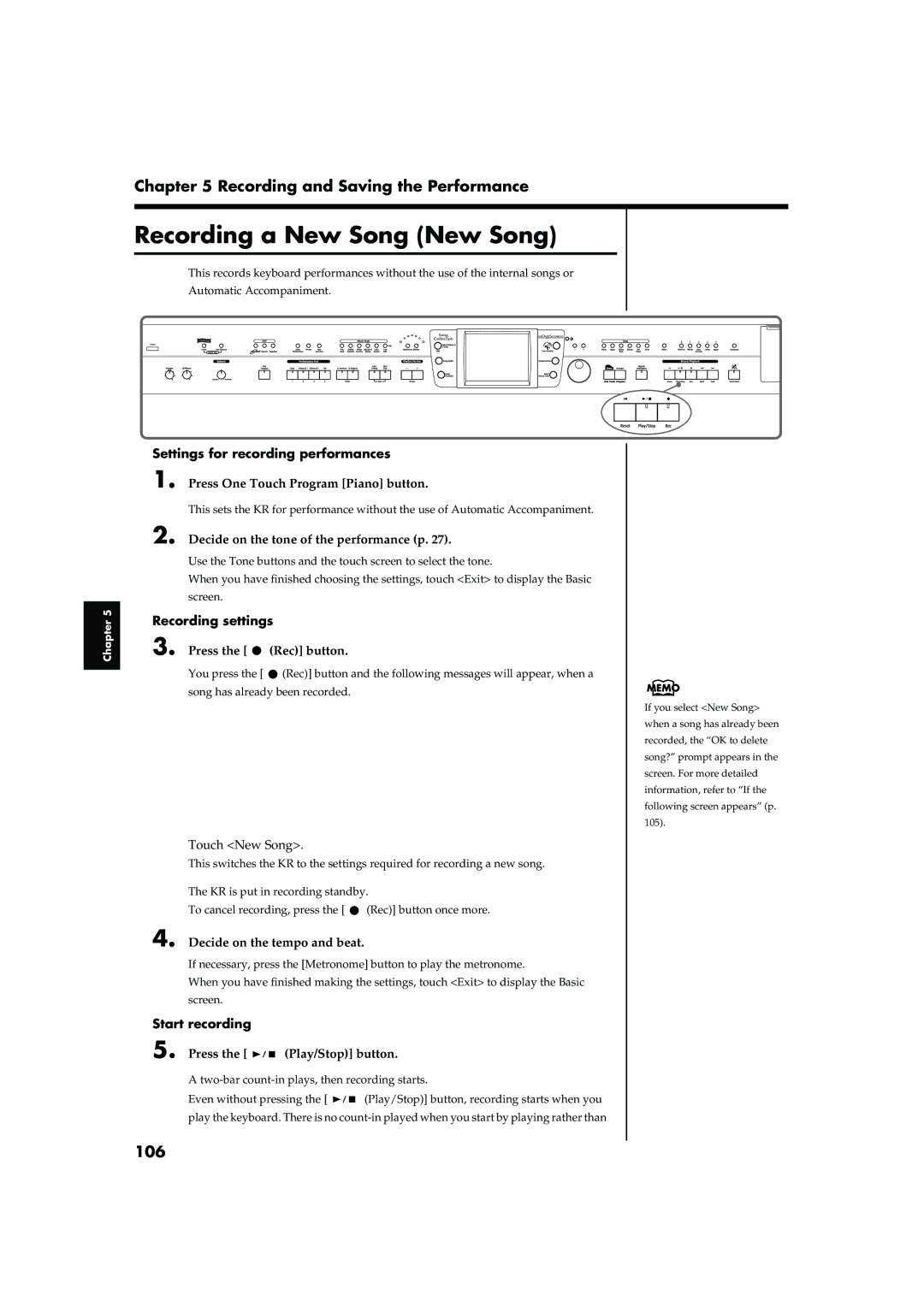 Roland KR-17, KR-15 owner manual Recording a New Song New Song, Recording and Saving the Performance, 106 