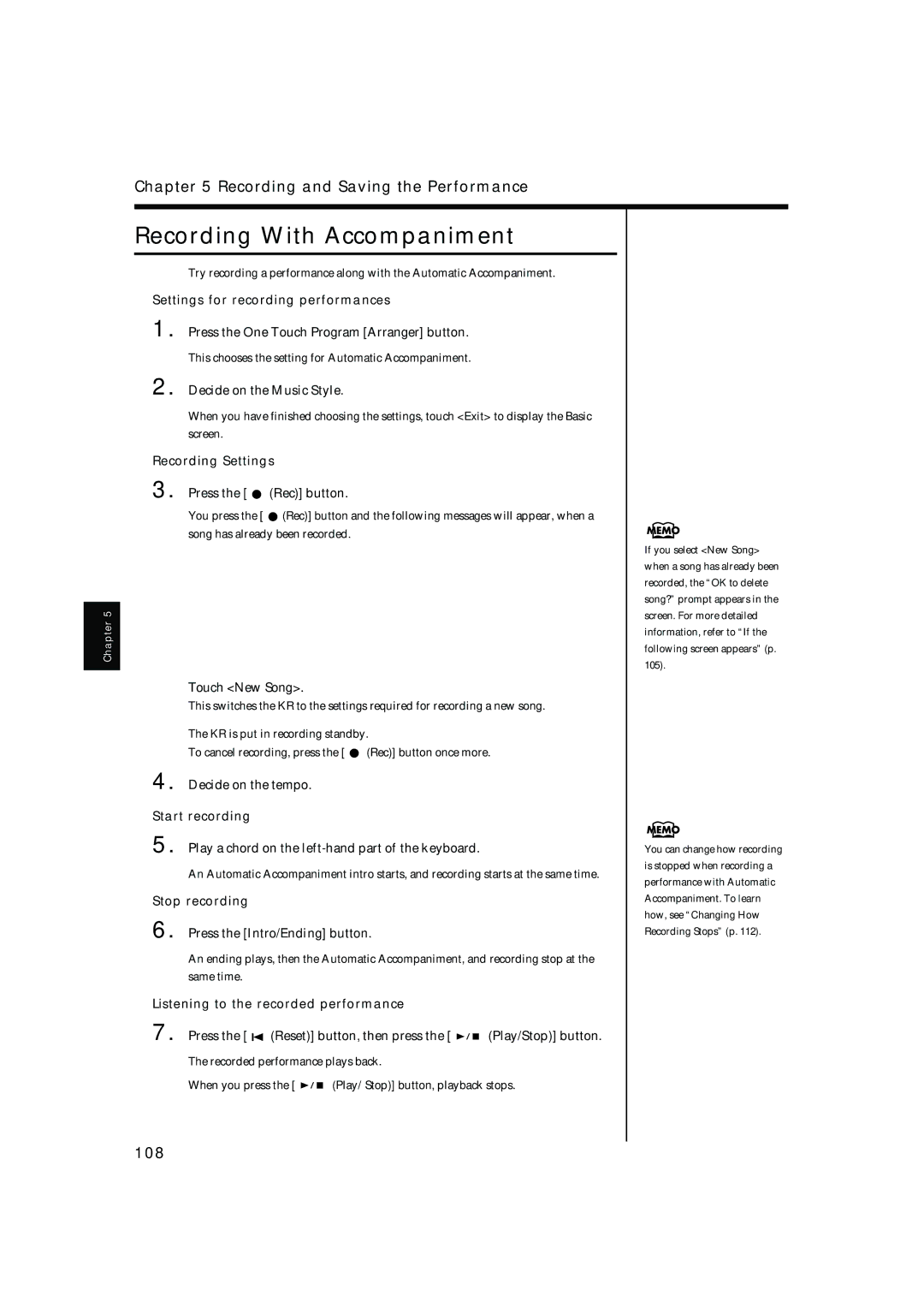 Roland KR-17, KR-15 owner manual Recording With Accompaniment, 108, Decide on the Music Style, Decide on the tempo 