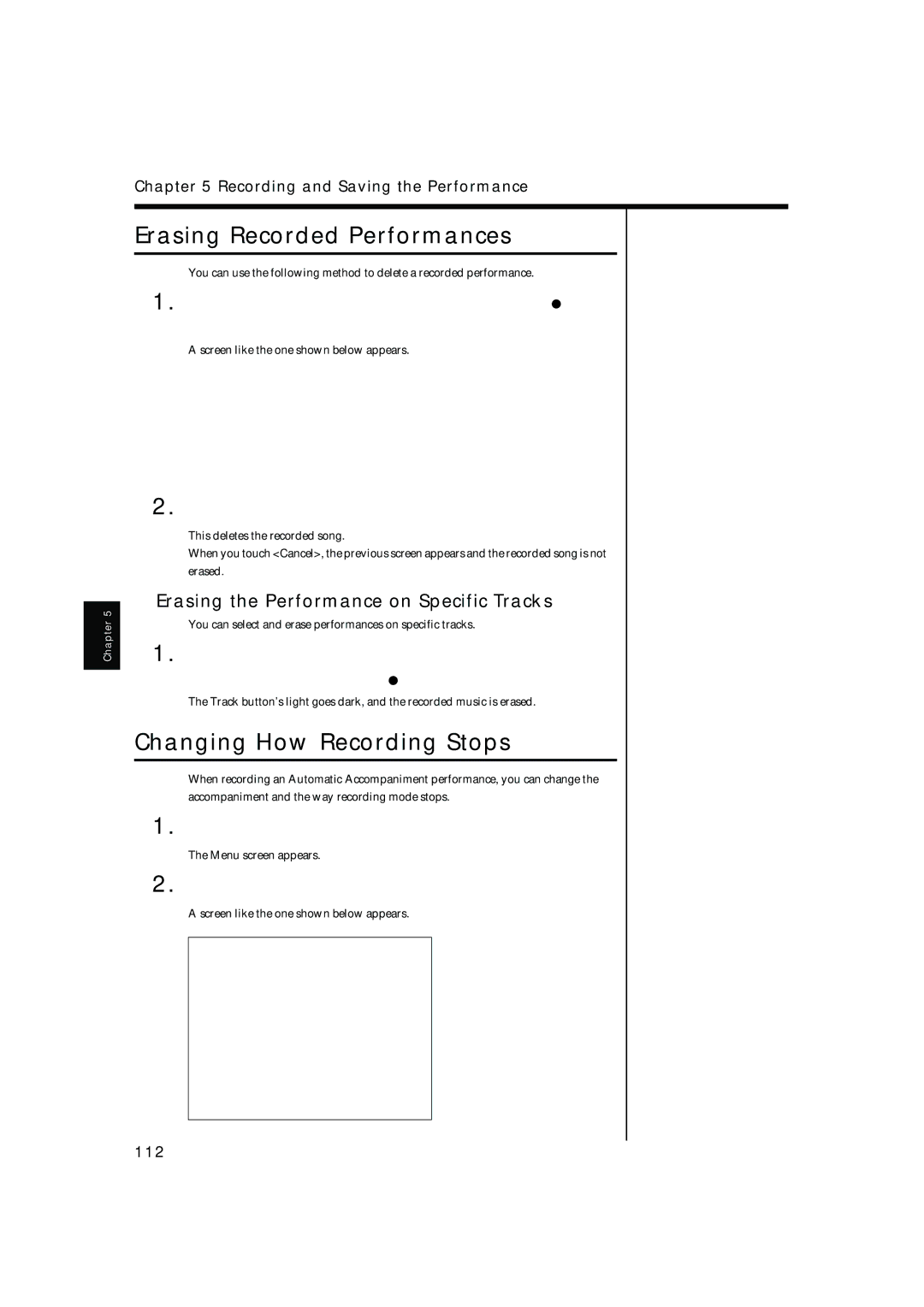 Roland KR-17 Erasing Recorded Performances, Changing How Recording Stops, Erasing the Performance on Specific Tracks, 112 