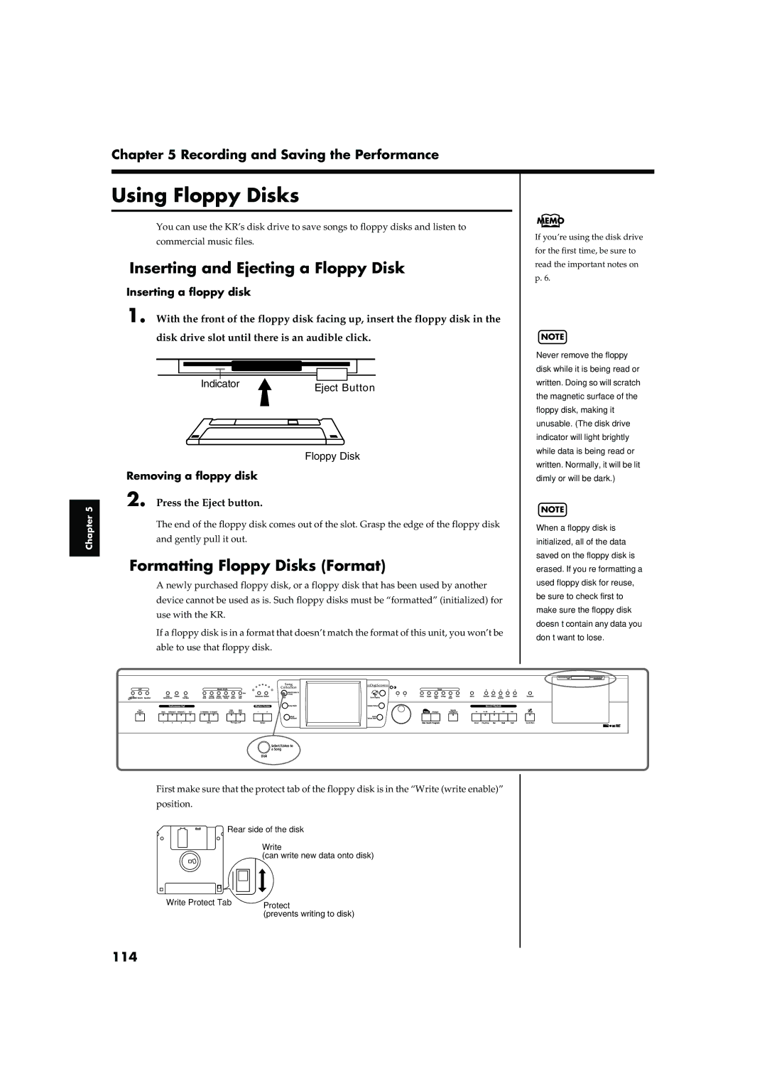 Roland KR-17, KR-15 Using Floppy Disks, Inserting and Ejecting a Floppy Disk, Formatting Floppy Disks Format, 114 