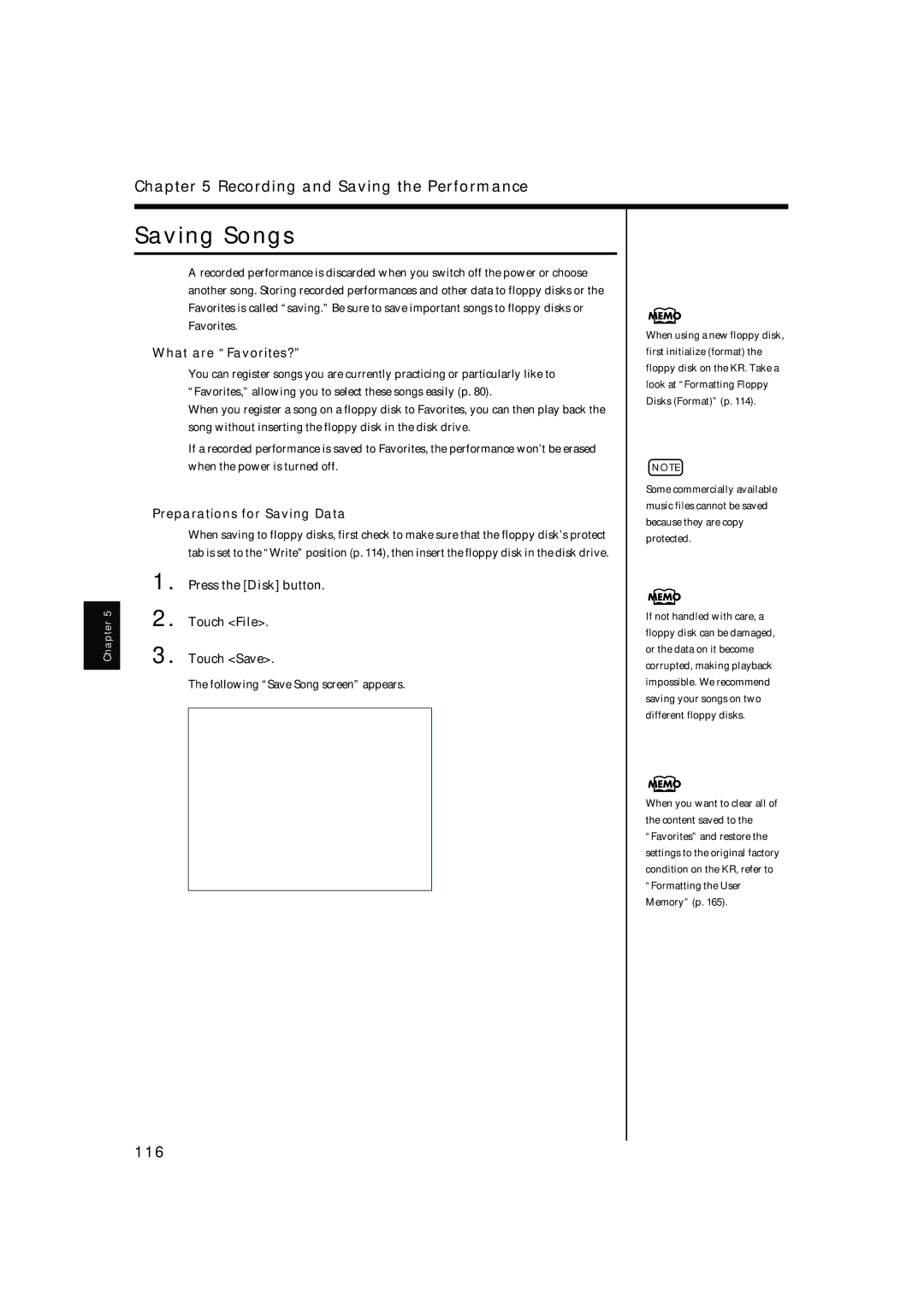 Roland KR-17, KR-15 owner manual Saving Songs, 116, What are Favorites?, Preparations for Saving Data 