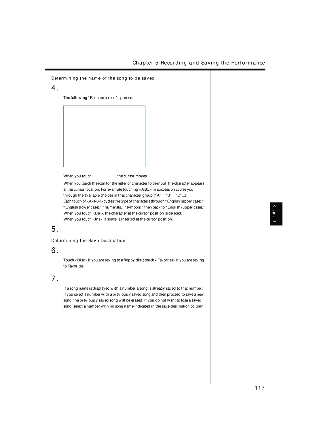 Roland KR-15, KR-17 owner manual 117, Determining the name of the song to be saved, Determining the Save Destination 