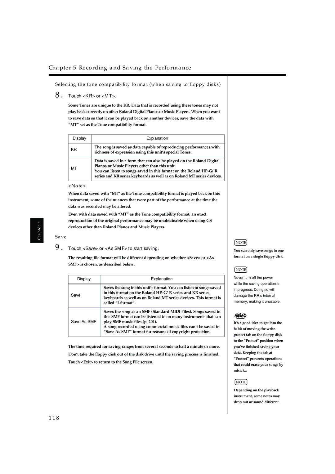 Roland KR-17, KR-15 owner manual 118, Touch KR or MT, Touch Save or As SMF to start saving 