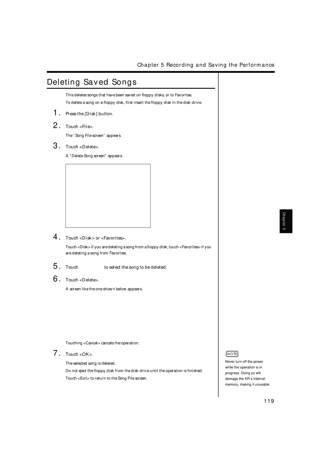 Roland KR-15, KR-17 owner manual Deleting Saved Songs, 119, Press the Disk button Touch File, Touch Delete 