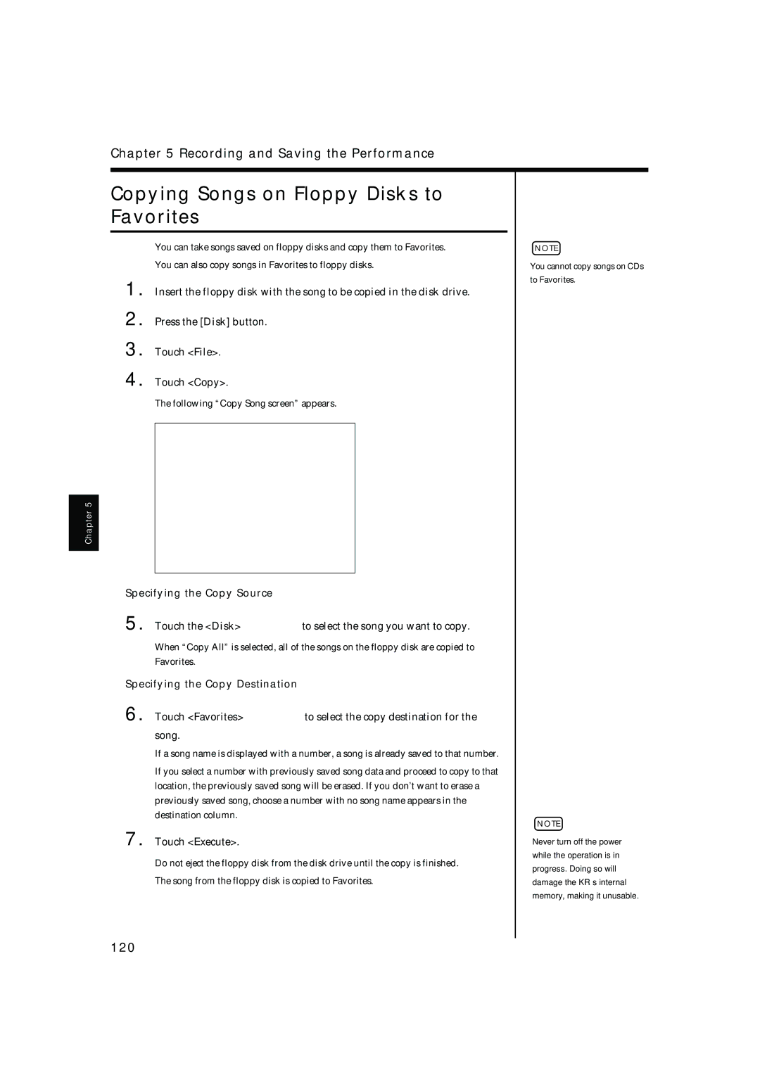 Roland KR-17 Copying Songs on Floppy Disks to Favorites, 120, Specifying the Copy Source, Specifying the Copy Destination 