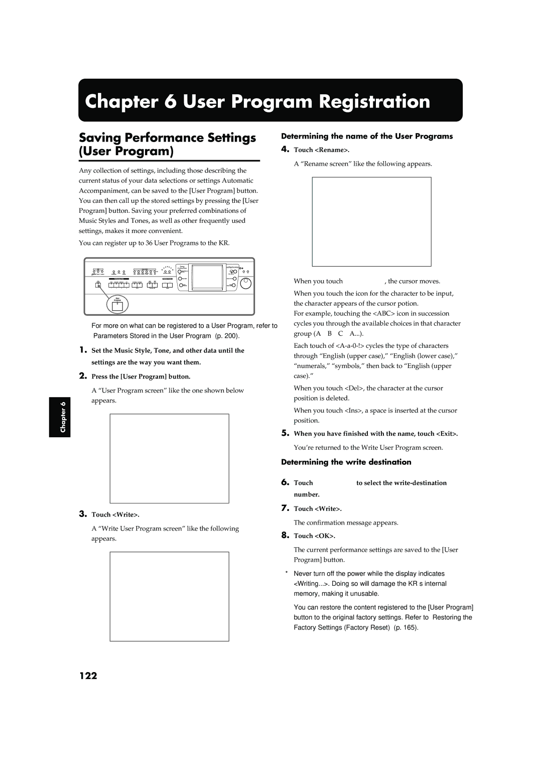 Roland KR-17, KR-15 owner manual User Program Registration, Saving Performance Settings, 122 