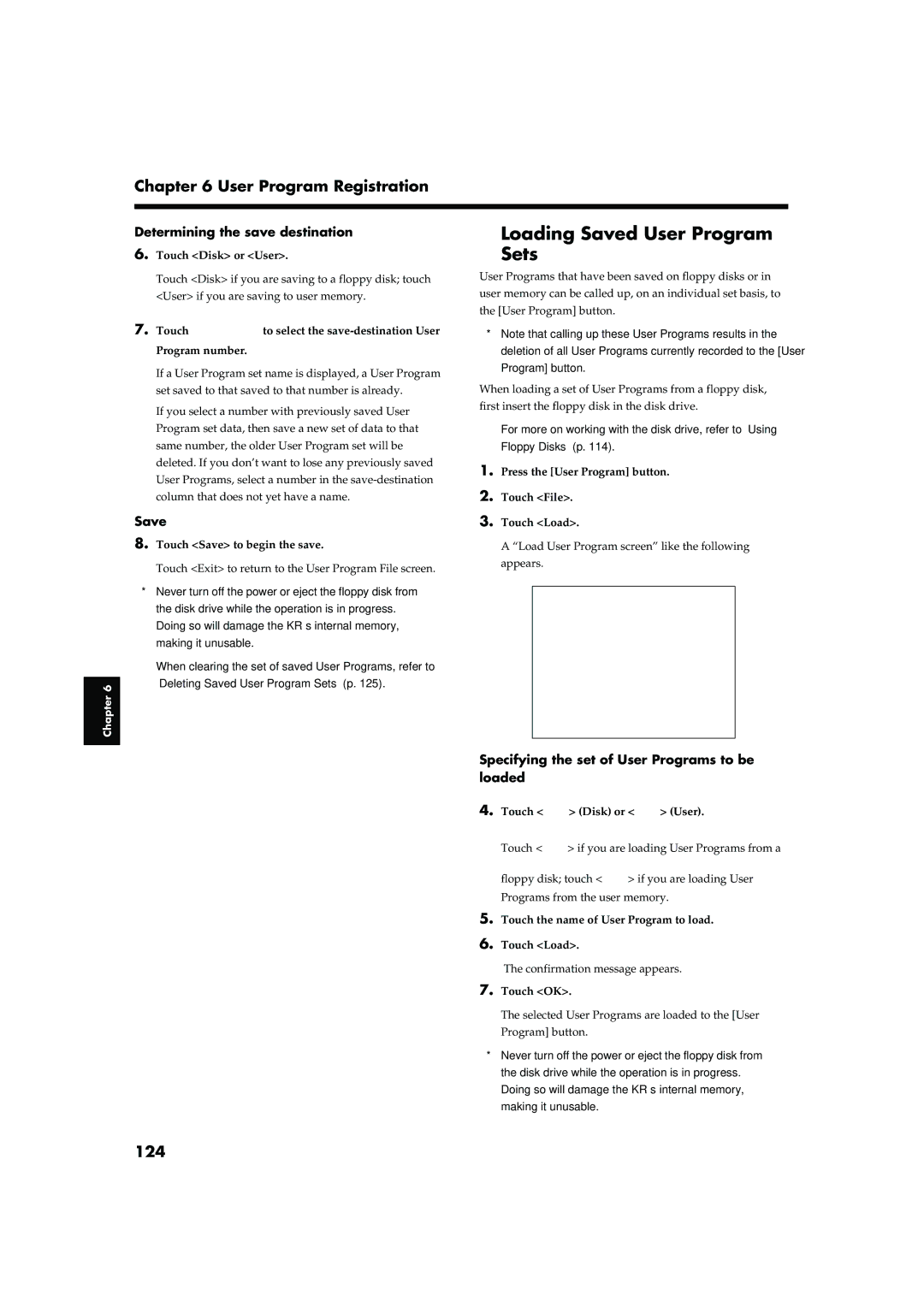 Roland KR-17, KR-15 owner manual Loading Saved User Program Sets, 124, Specifying the set of User Programs to be loaded 