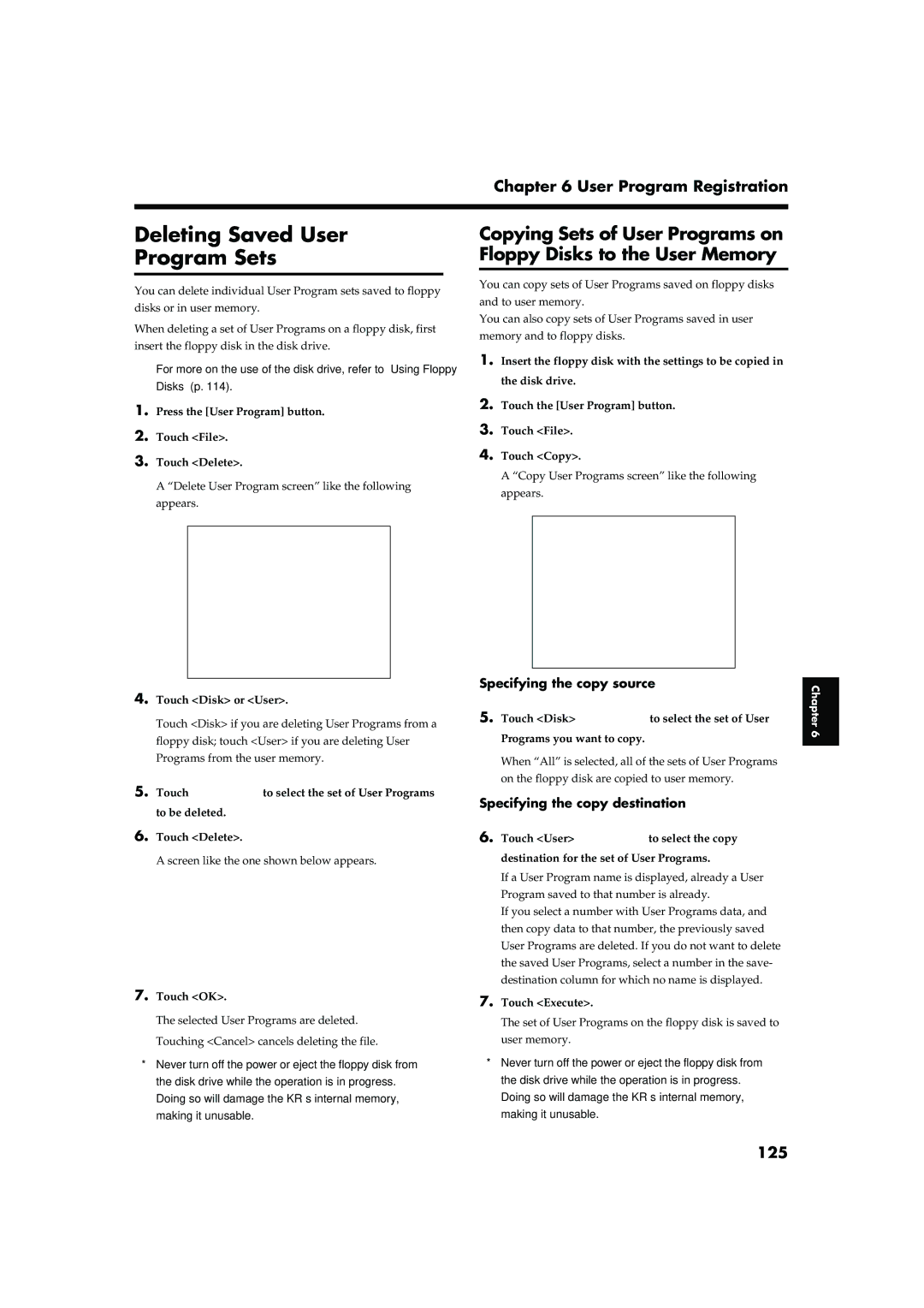 Roland KR-15 Deleting Saved User Program Sets, 125, Press the User Program button Touch File Touch Delete, Touch Execute 