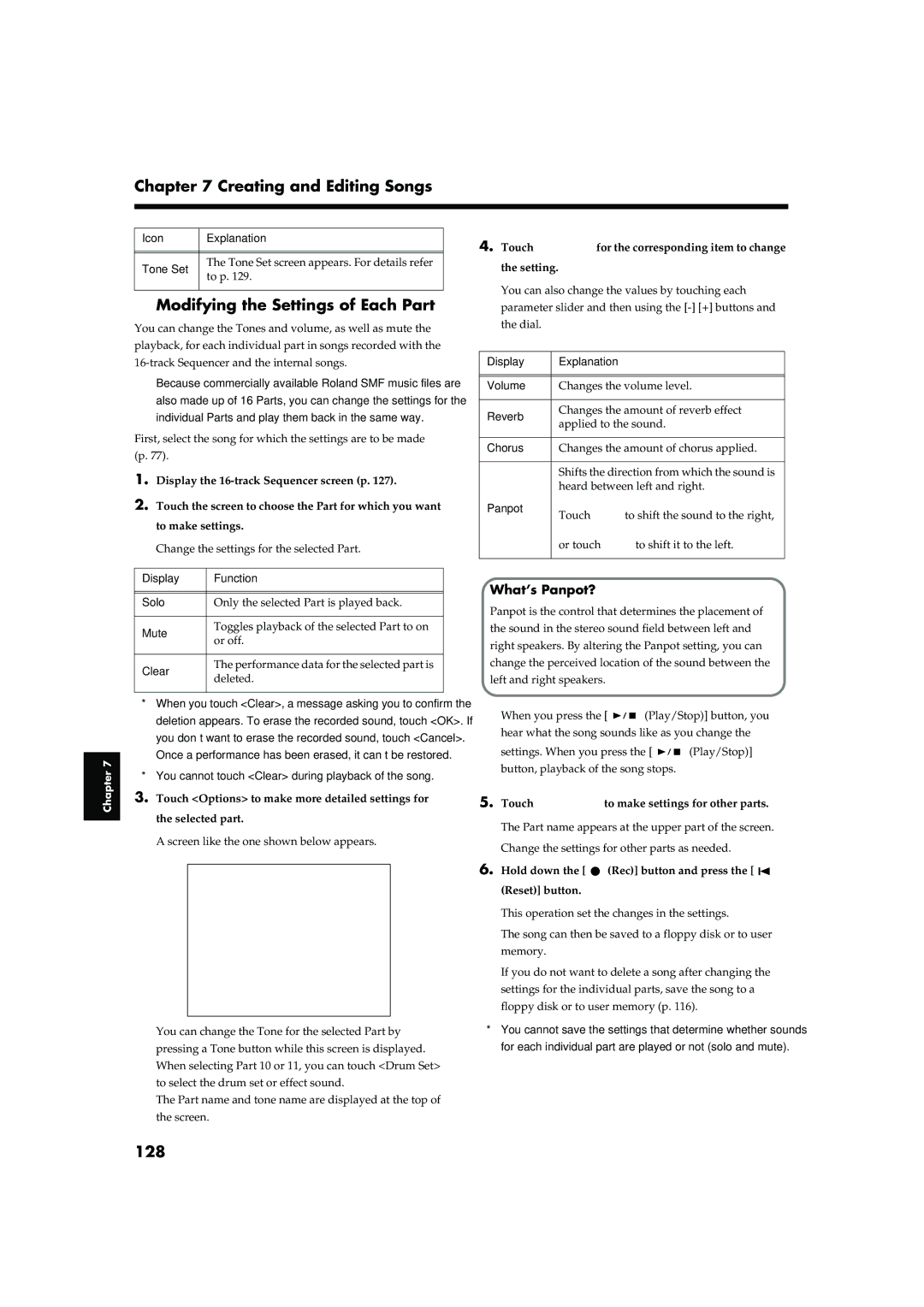 Roland KR-17, KR-15 owner manual Creating and Editing Songs, Modifying the Settings of Each Part, 128, What’s Panpot? 