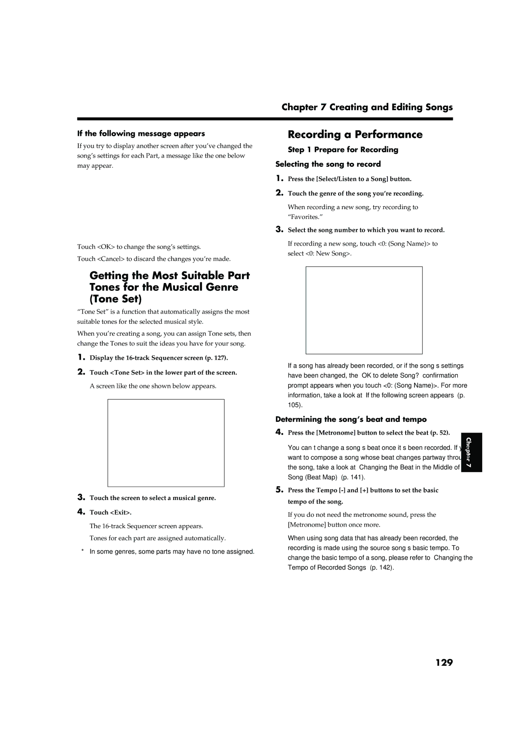Roland KR-15, KR-17 Recording a Performance, 129, If the following message appears, Determining the song’s beat and tempo 