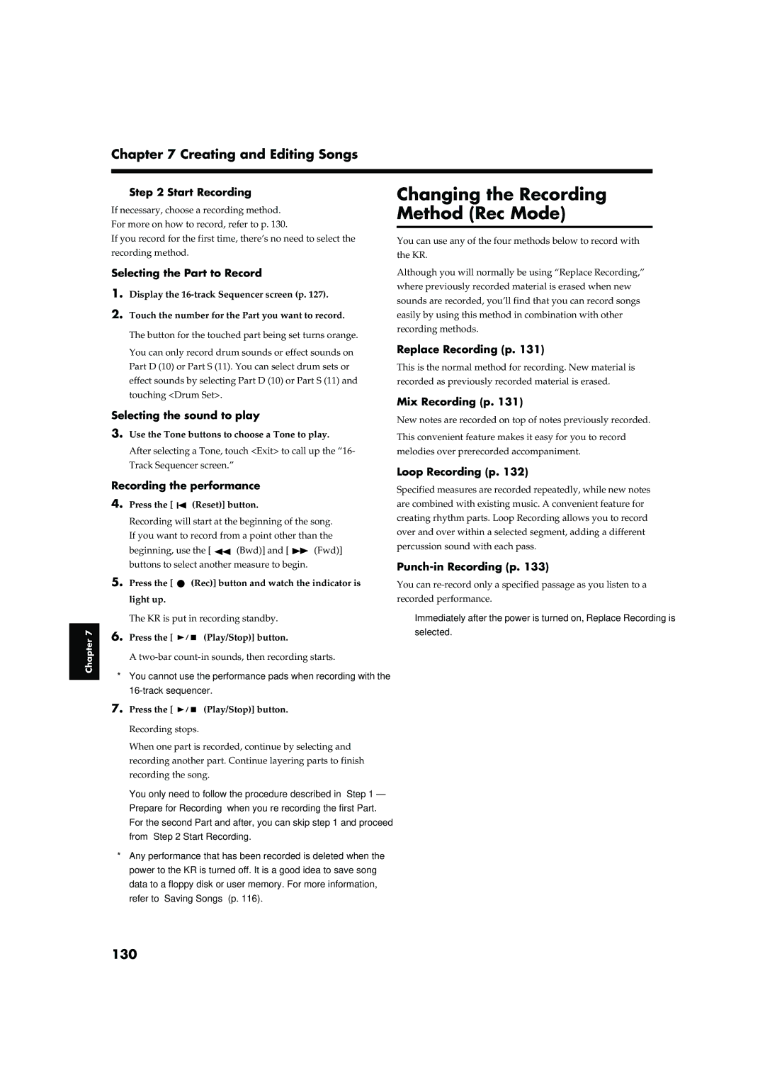 Roland KR-17, KR-15 owner manual Changing the Recording Method Rec Mode, 130 