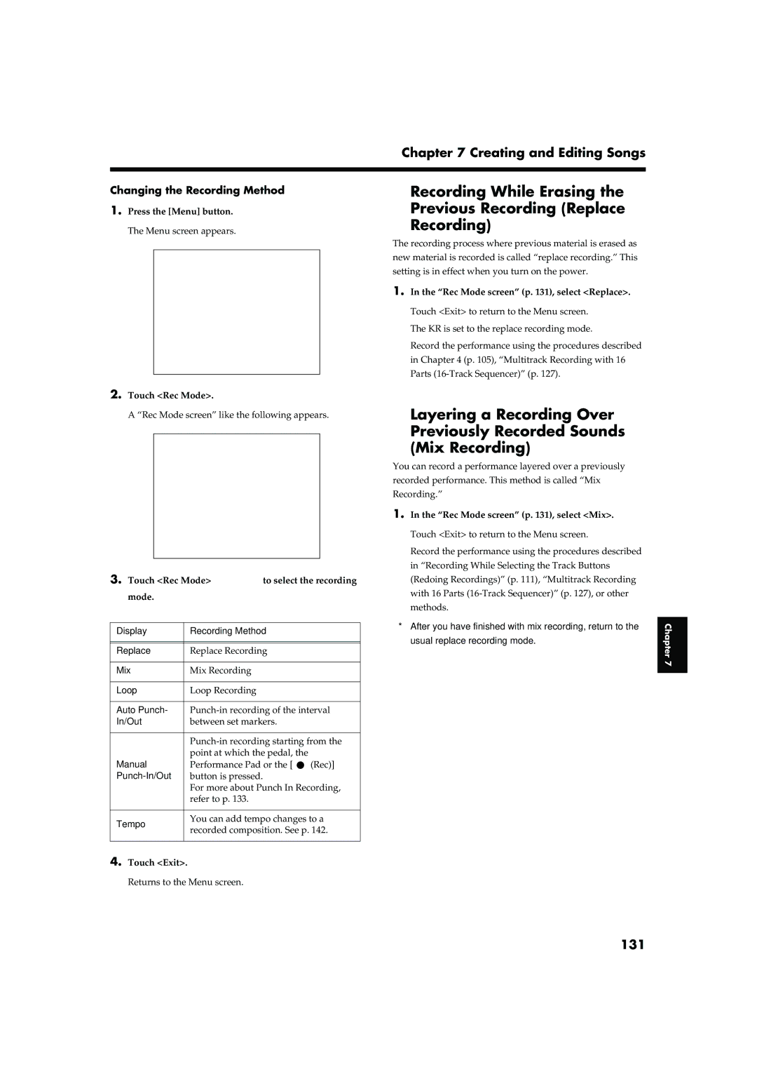 Roland KR-15, KR-17 owner manual Recording While Erasing, Previous Recording Replace, 131, Changing the Recording Method 