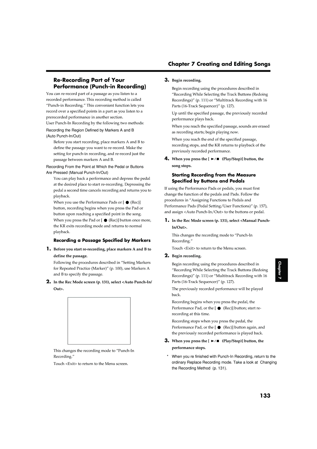 Roland KR-15, KR-17 owner manual 133, Recording a Passage Specified by Markers 