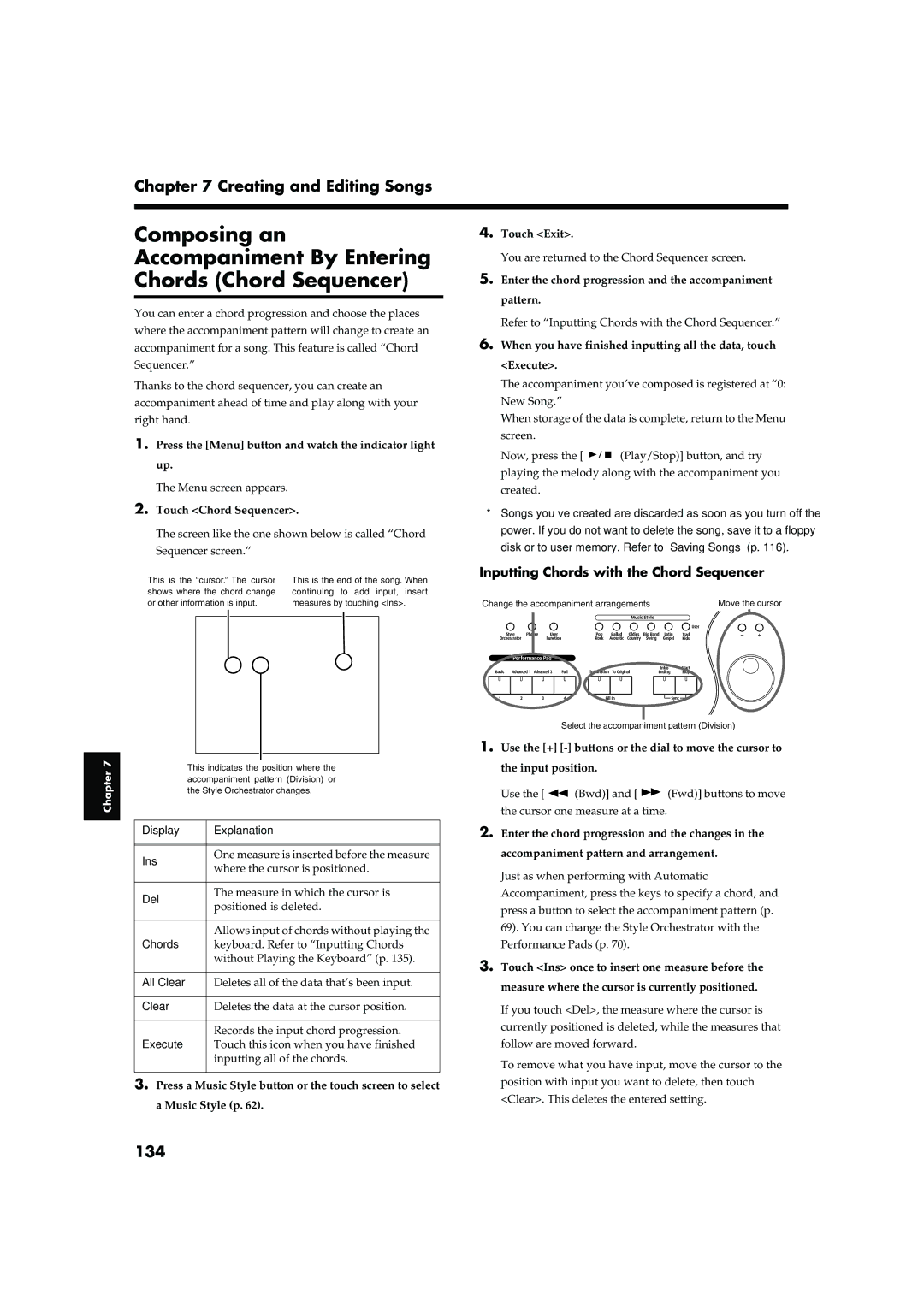 Roland KR-17, KR-15 owner manual 134, Inputting Chords with the Chord Sequencer 