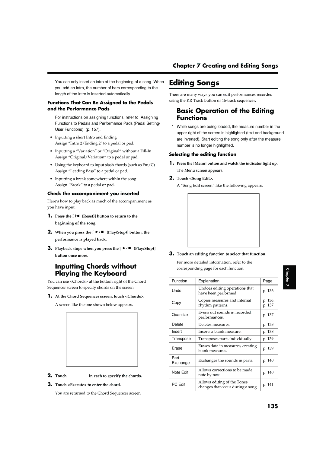 Roland KR-15 Editing Songs, Basic Operation of the Editing Functions, Inputting Chords without Playing the Keyboard, 135 