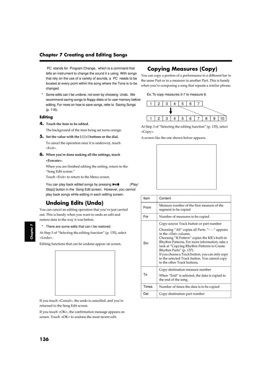 Roland KR-17, KR-15 owner manual Undoing Edits Undo, Copying Measures Copy, 136, Editing 