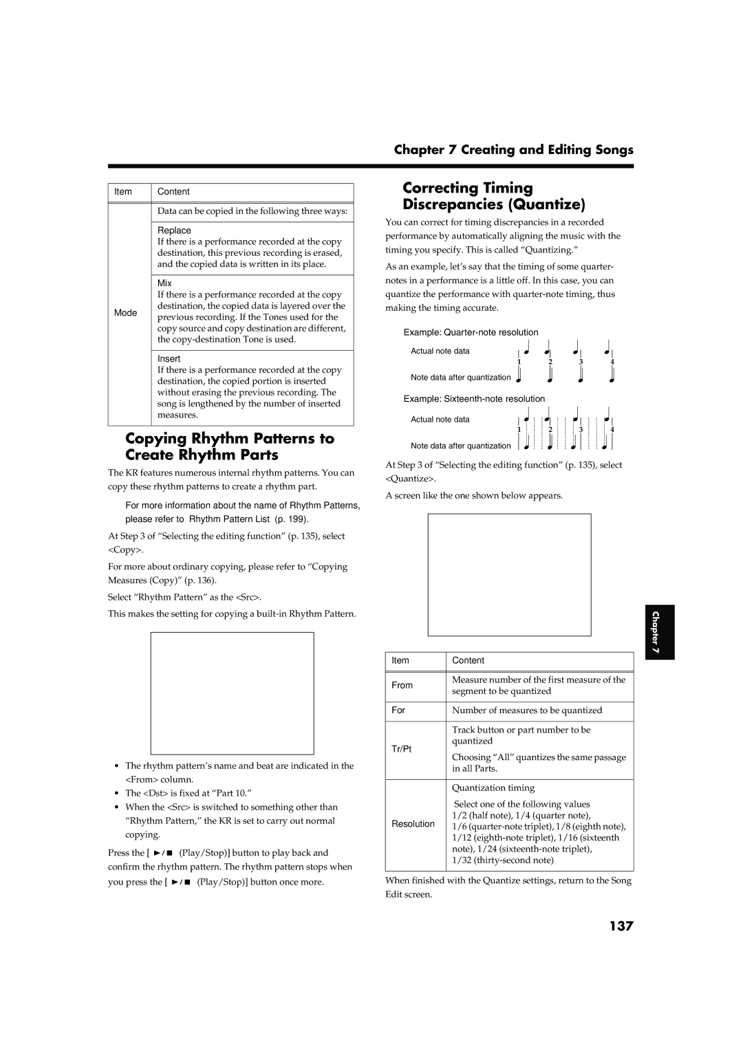 Roland KR-15, KR-17 Correcting Timing, Discrepancies Quantize, Copying Rhythm Patterns to Create Rhythm Parts, 137 