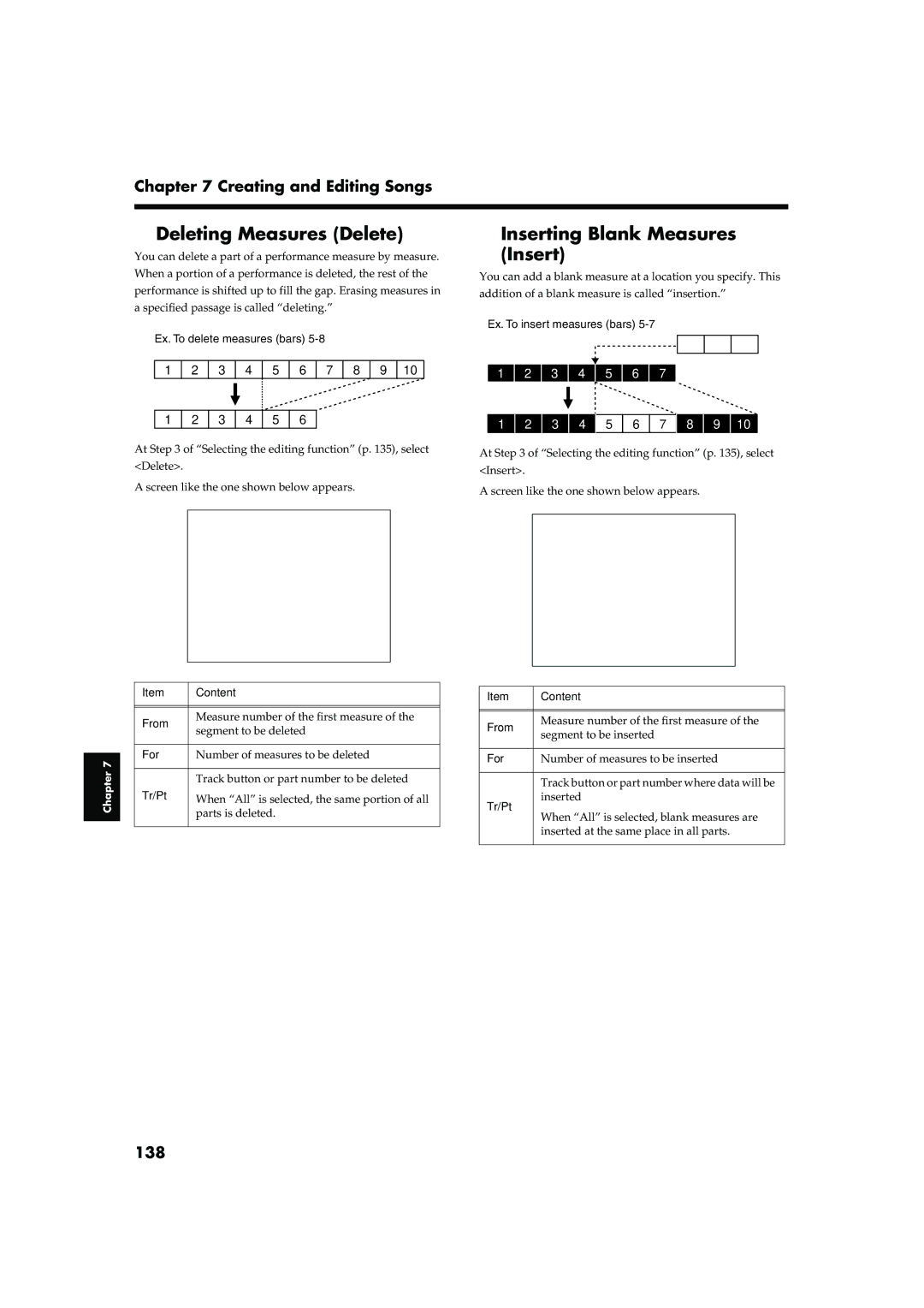 Roland KR-17, KR-15 owner manual Deleting Measures Delete, Inserting Blank Measures, 138 