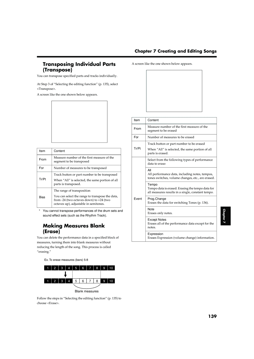 Roland KR-15, KR-17 owner manual Transposing Individual Parts Transpose, Making Measures Blank Erase, 139 