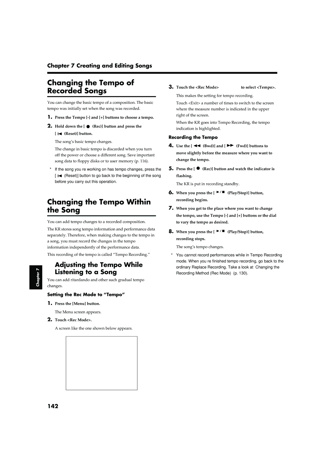 Roland KR-17, KR-15 owner manual Changing the Tempo of Recorded Songs, Changing the Tempo Within the Song, 142 