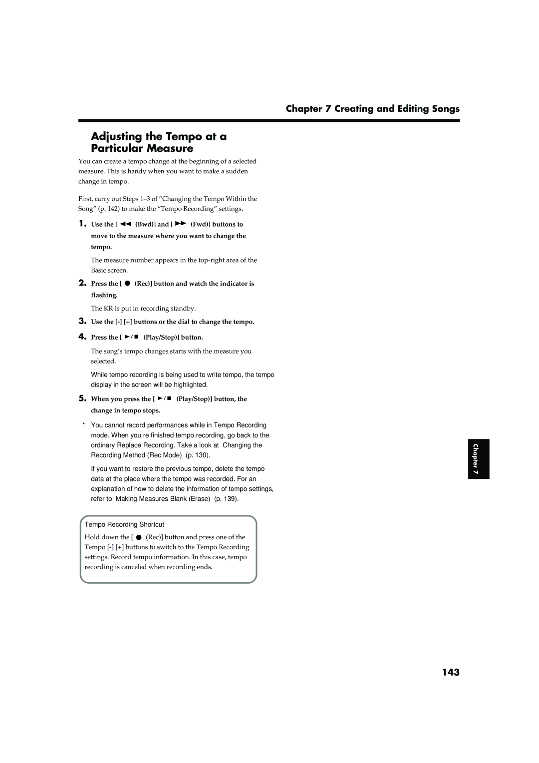 Roland KR-15, KR-17 owner manual Adjusting the Tempo at a Particular Measure, 143, Tempo Recording Shortcut 